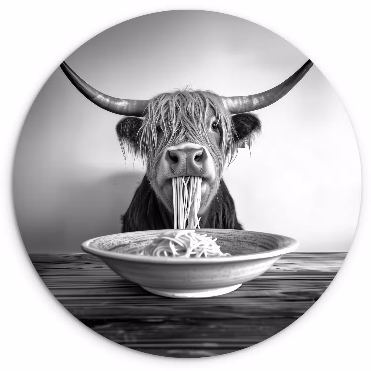 Schotse Hooglander - Spaghetti - Dieren - Zwart wit Wandcirkel kunststof plaat 5mm dik klein -3d