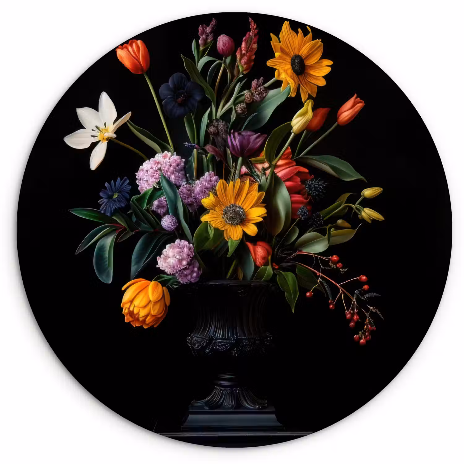 Zonnebloemen - Boeket - Kleurrijk Wandcirkel kunststof plaat 5mm dik klein -3d