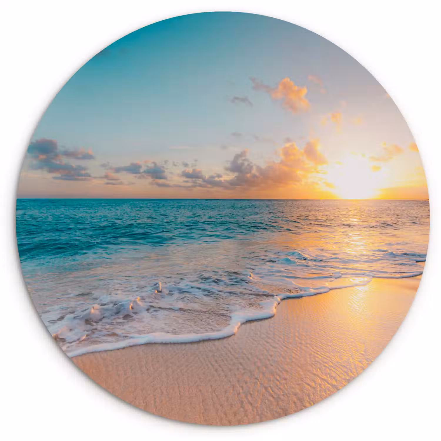 Zonsondergang - Strand - Zee - Zomer - Blauw Wandcirkel kunststof plaat 5mm dik klein -3d