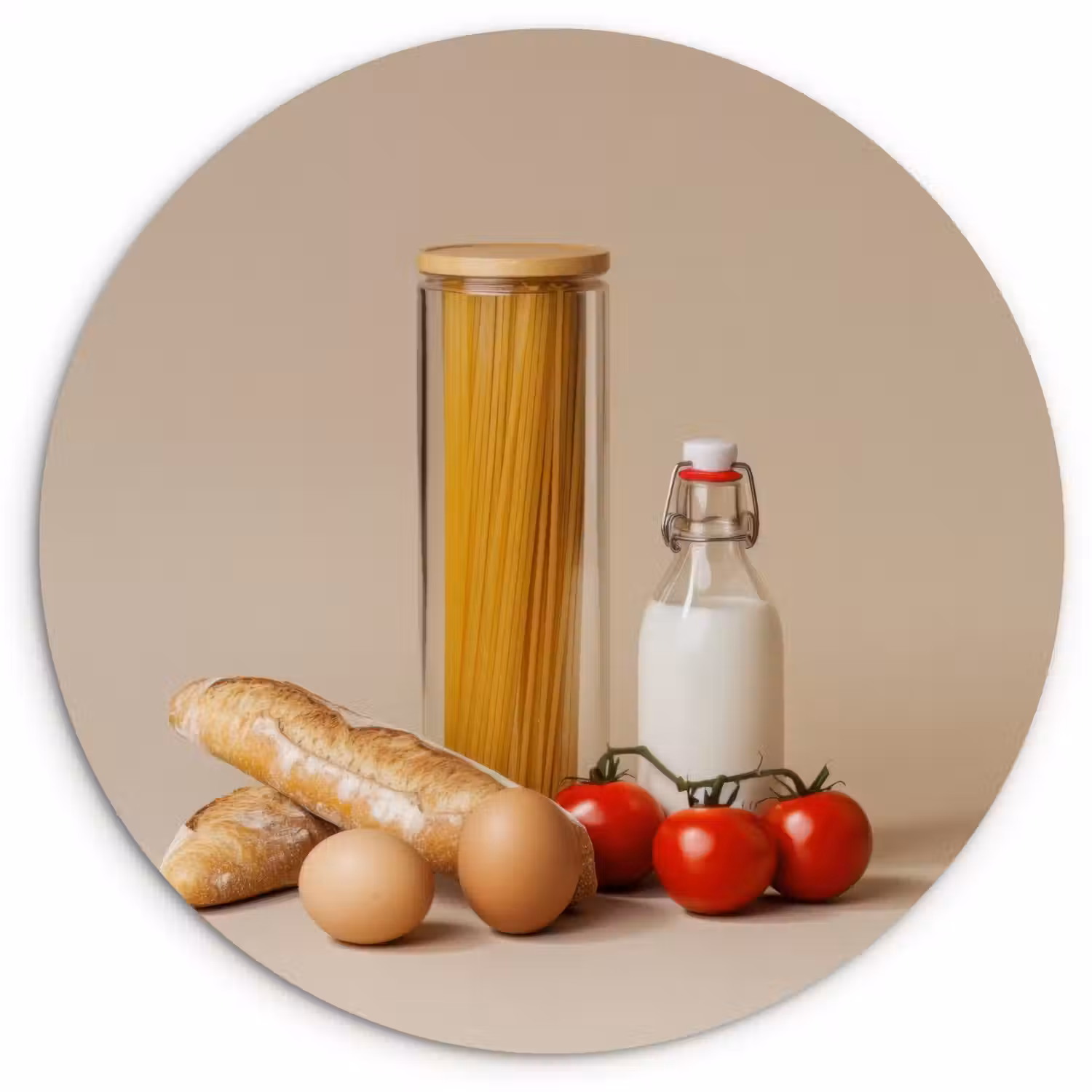 Spaghetti - Melk - Tomaten - Eieren - Brood Wandcirkel kunststof plaat 5mm dik klein -3d