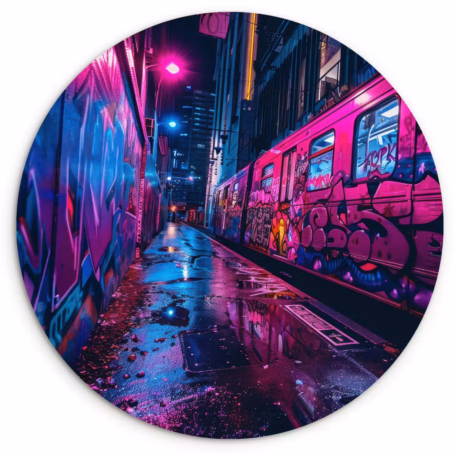Stad - Neon - Nacht - Roze - Graffiti Wandcirkel kunststof plaat 5mm dik klein -3d