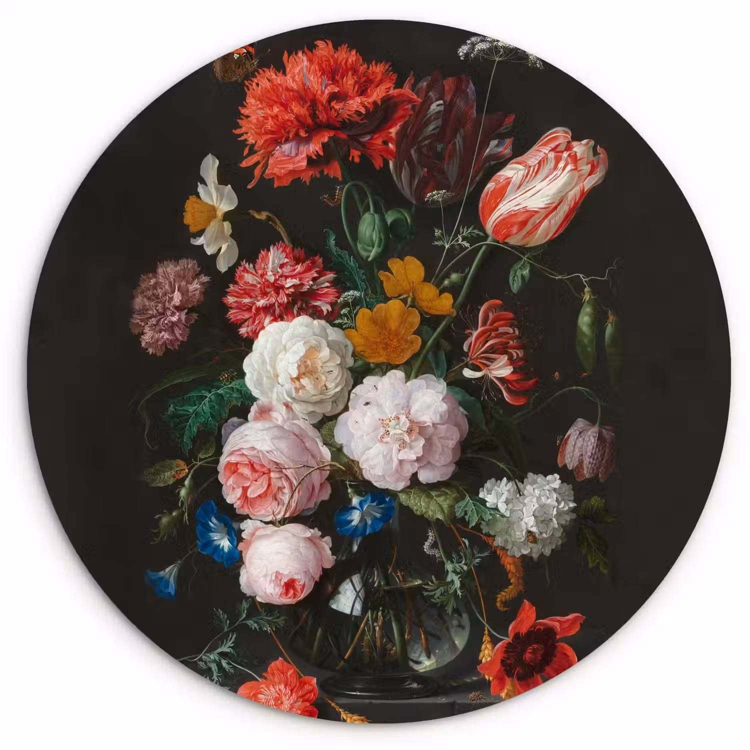 Stilleven met bloemen in een glazen vaas - Schilderij van Jan Davidsz. de Heem Wandcirkel kunststof plaat 5mm dik klein -3d