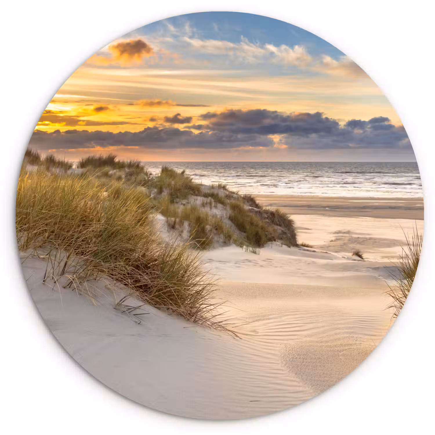 Strand - Duin - Gras - Zonsondergang - Zee Wandcirkel kunststof plaat 5mm dik klein -3d