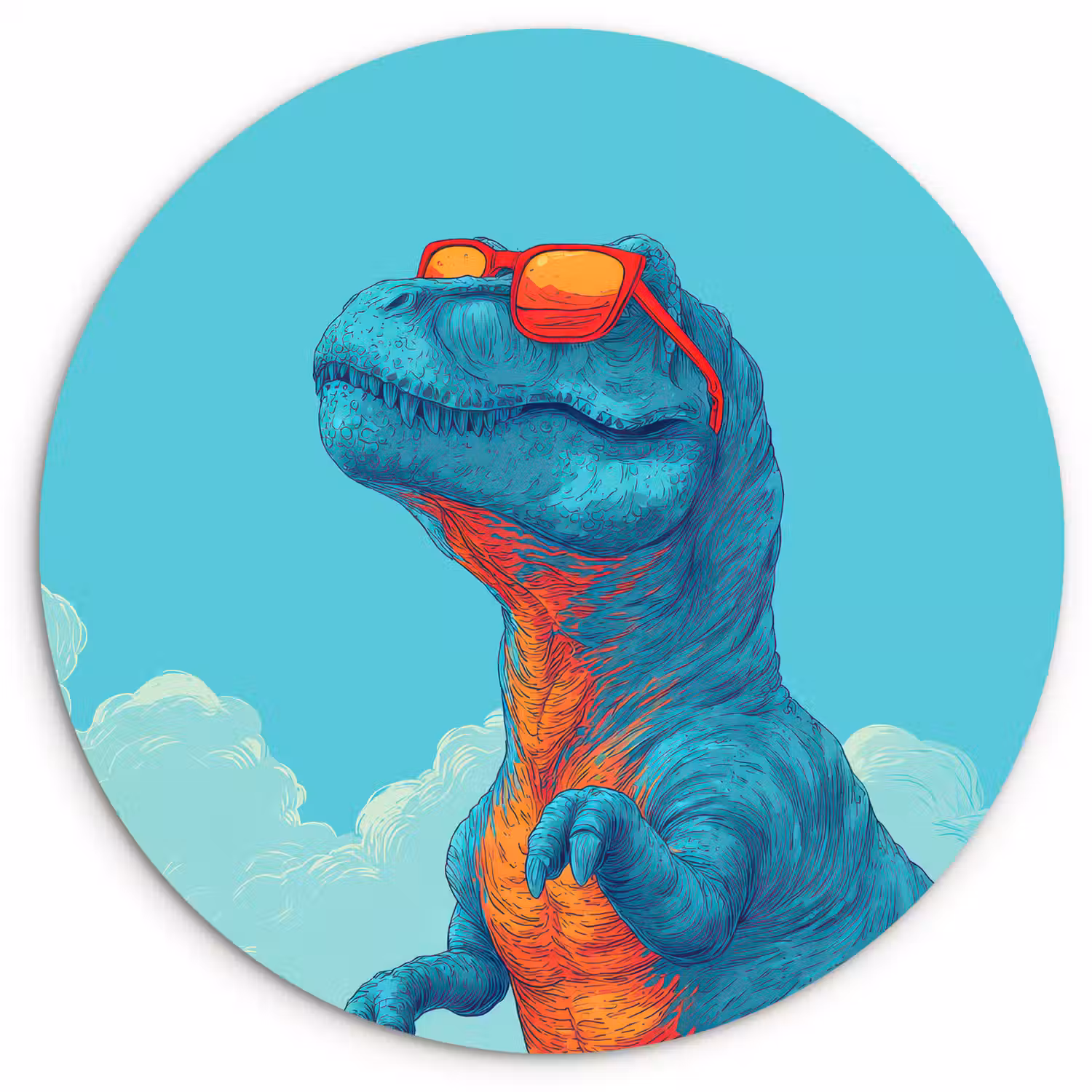 T-Rex - Blauw - Wolken - Zonnebril Wandcirkel kunststof plaat 5mm dik klein -3d