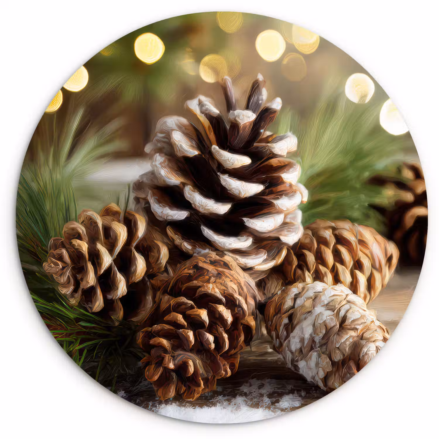 Dennenappels - Kerstsfeer - Bruin - Groen Wandcirkel kunststof plaat 5mm dik klein -3d