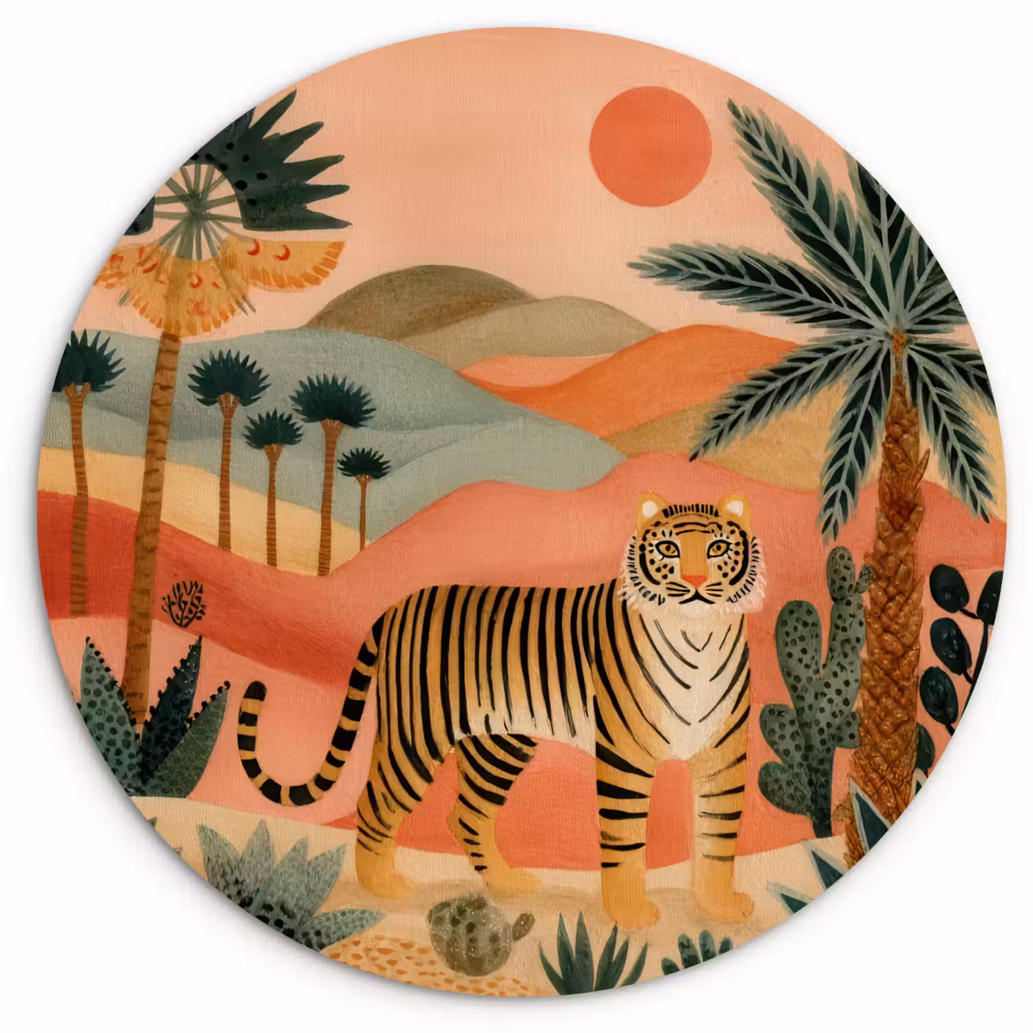 Tijger - Kleurrijk - Palmen - Cactus Wandcirkel kunststof plaat 5mm dik klein -3d