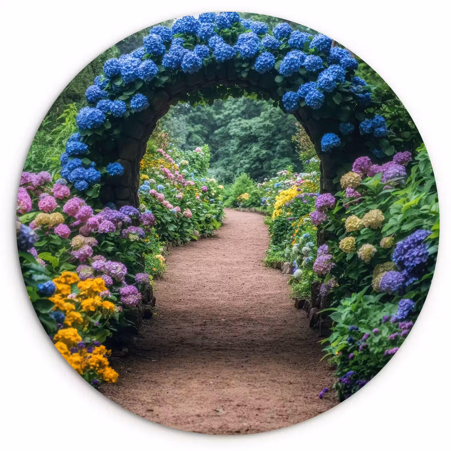 Doorkijk - Bloemen - Hortensia - Pad Wandcirkel kunststof plaat 5mm dik klein -3d