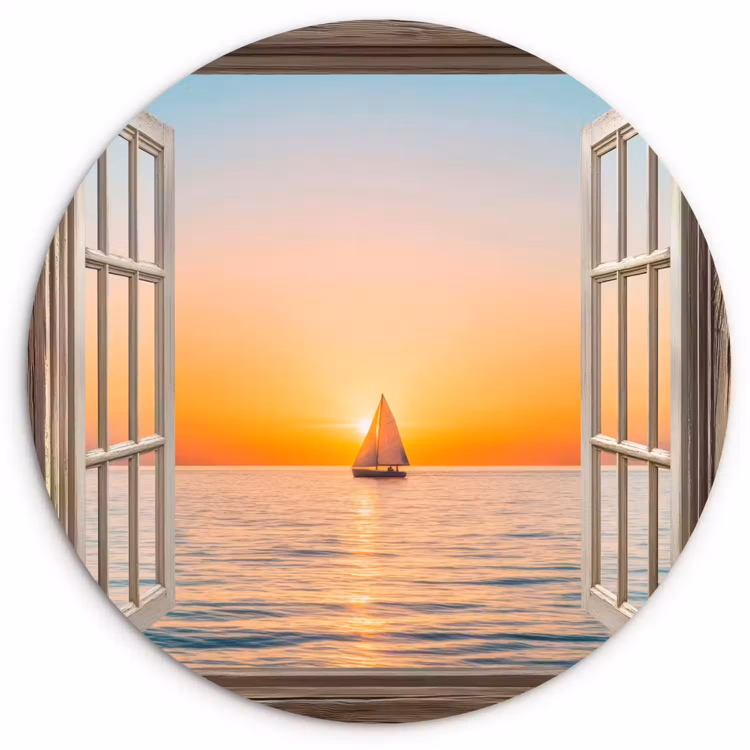 Doorkijk - Zee - Boot - Zonsondergang Wandcirkel kunststof plaat 5mm dik klein -3d