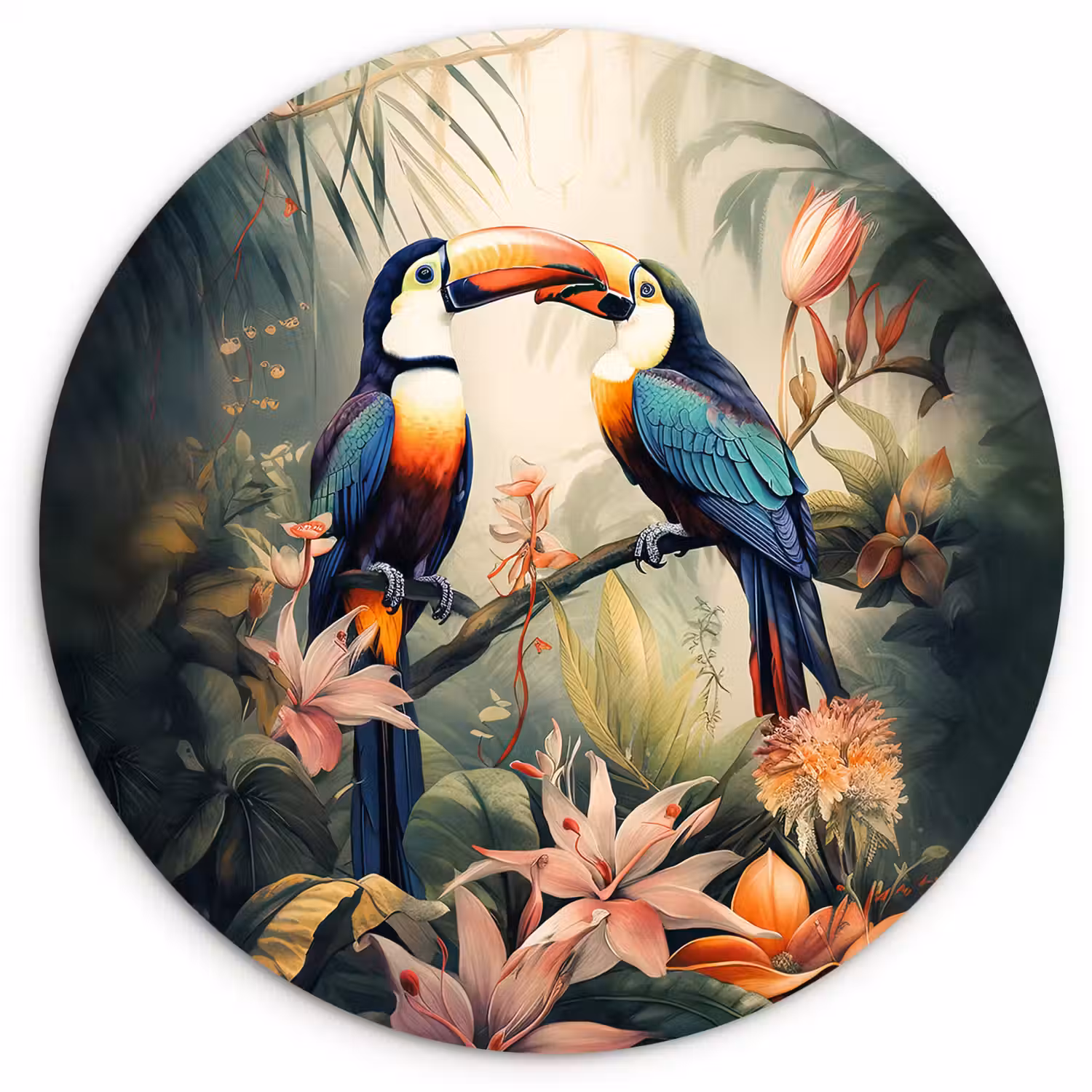 Toekan - Vogels - Bloemen - Natuur - Jungle Wandcirkel kunststof plaat 5mm dik klein -3d