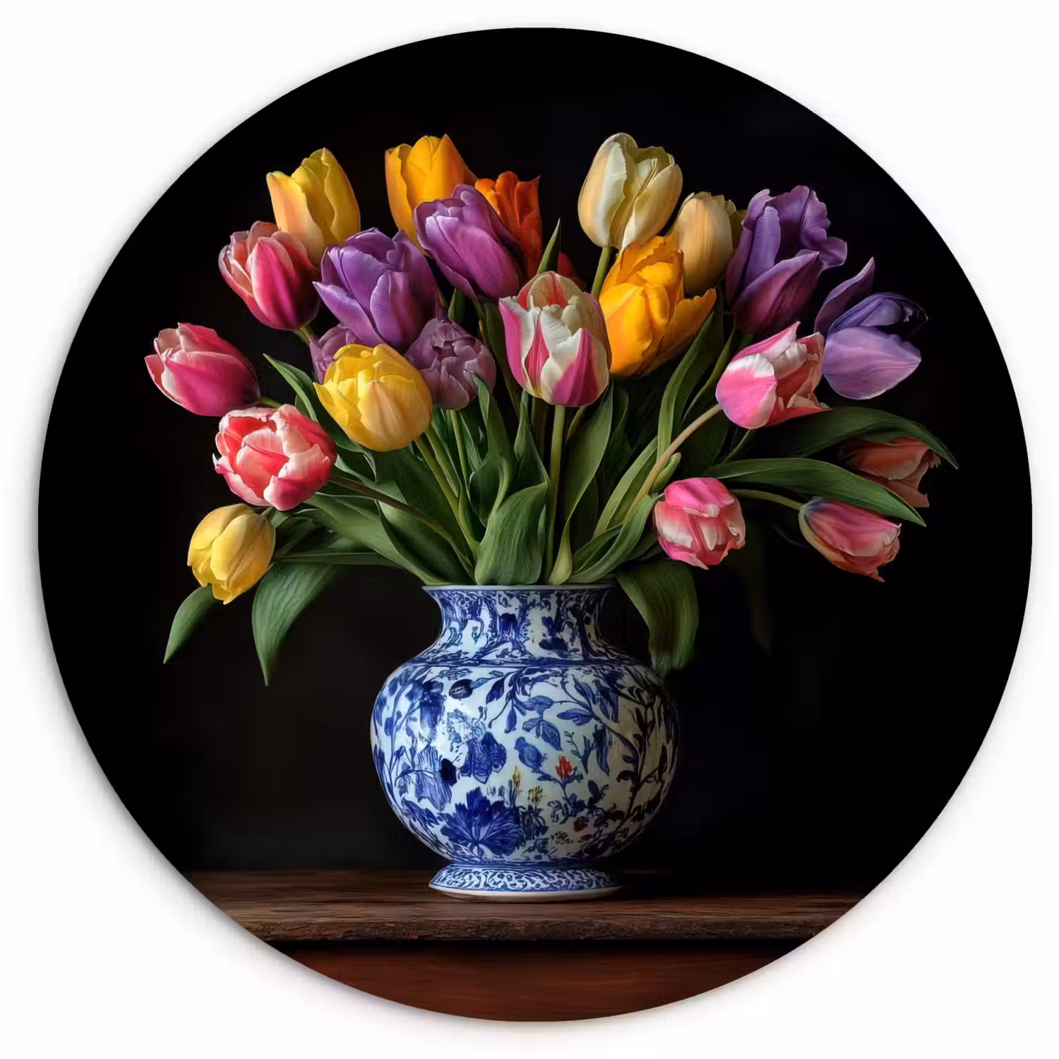 Tulpen - Kleuren - Hout - Vaas Wandcirkel kunststof plaat 5mm dik klein -3d