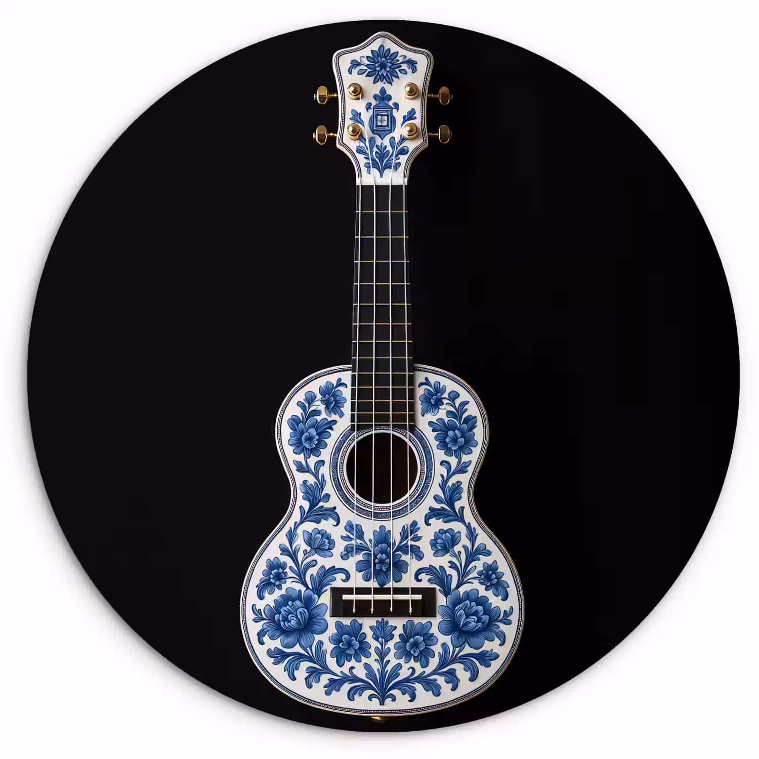 Ukelele - Delfts - Blauw - Muziek Wandcirkel kunststof plaat 5mm dik klein -3d