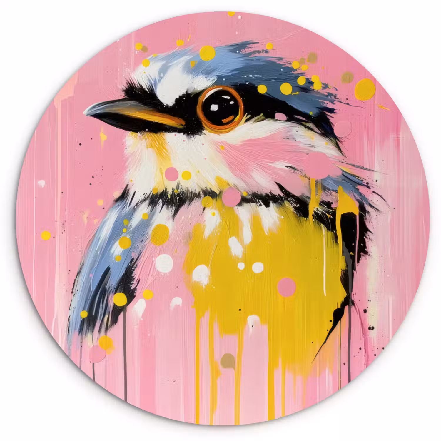 Vogel - Roze - Geel - Blauw Wandcirkel kunststof plaat 5mm dik klein -3d