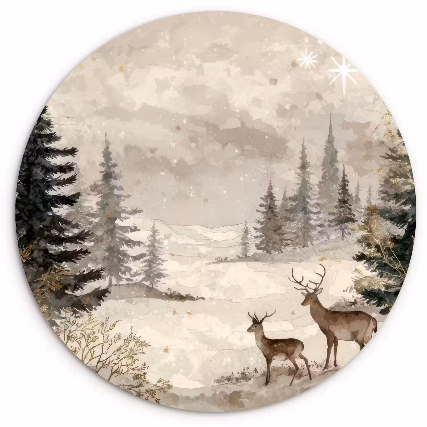 Bos - Herten - Winter - Sneeuw Wandcirkel kunststof plaat 5mm dik klein -3d