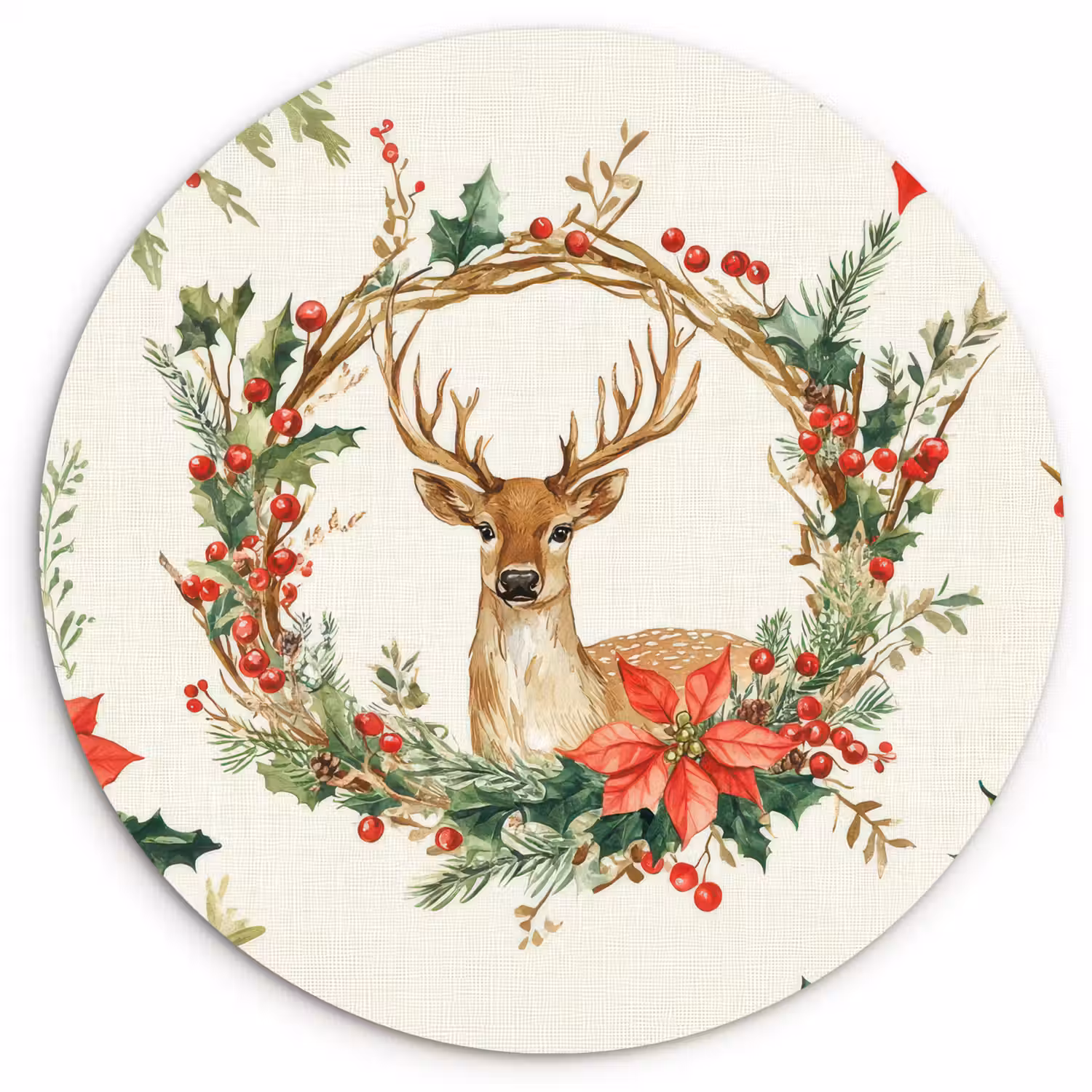 Kerstkrans - Hert - Hulst - Rood Wandcirkel kunststof plaat 5mm dik klein -3d