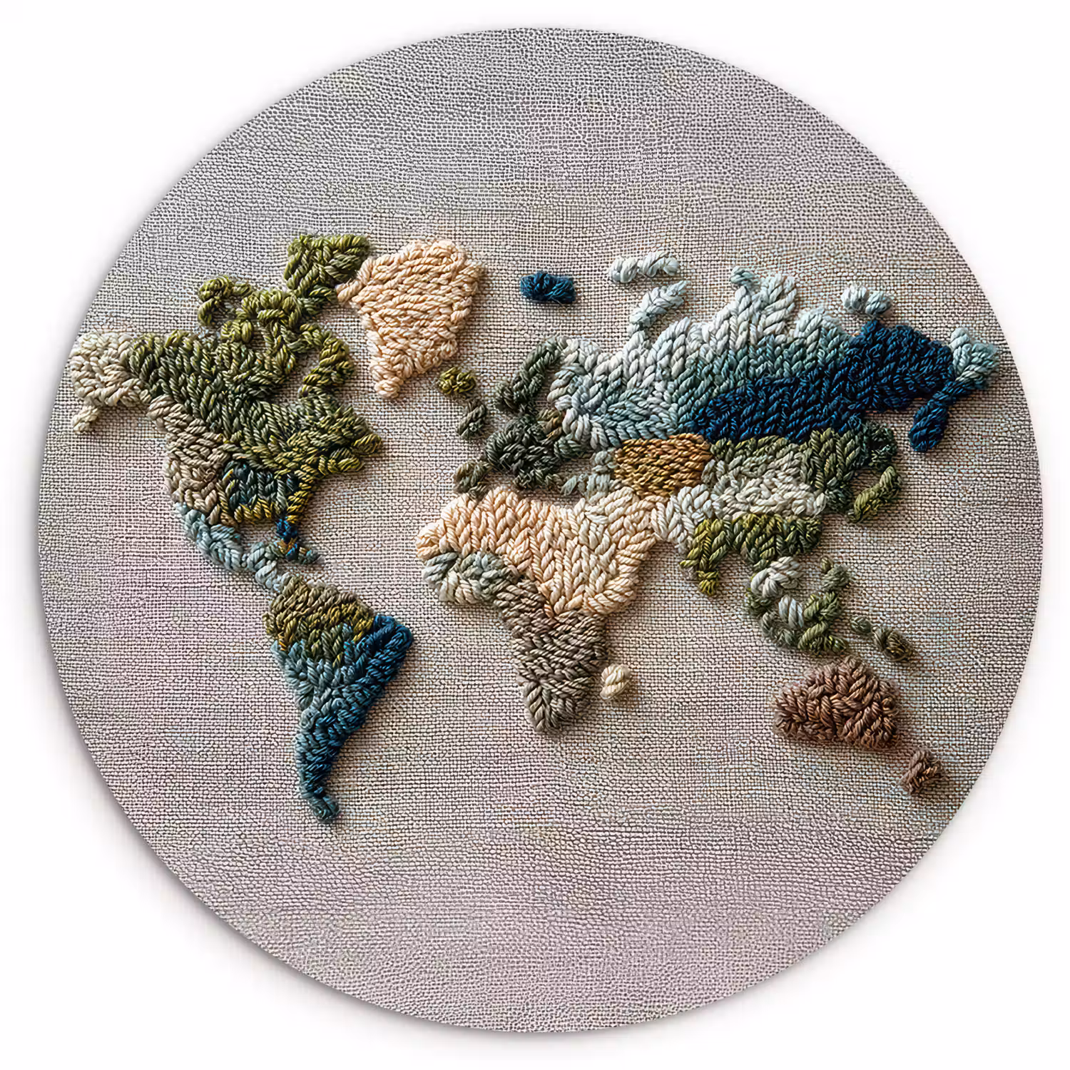 Wereldkaart - Geborduurd - Aardetinten Wandcirkel kunststof plaat 5mm dik klein -3d