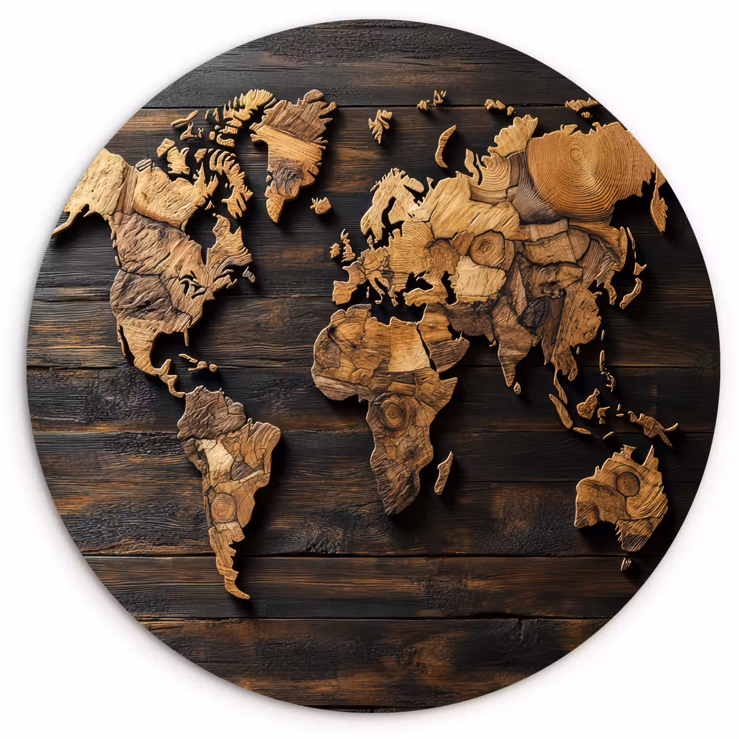 Wereldkaart - Hout - Mozaïek Wandcirkel kunststof plaat 5mm dik klein -3d