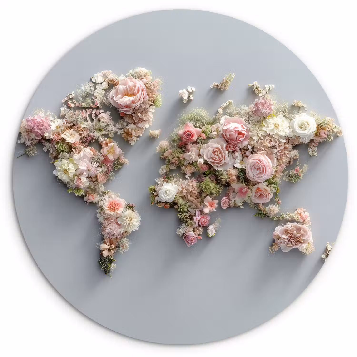 Wereldkaart - Rozen - Roze Wandcirkel kunststof plaat 5mm dik klein -3d