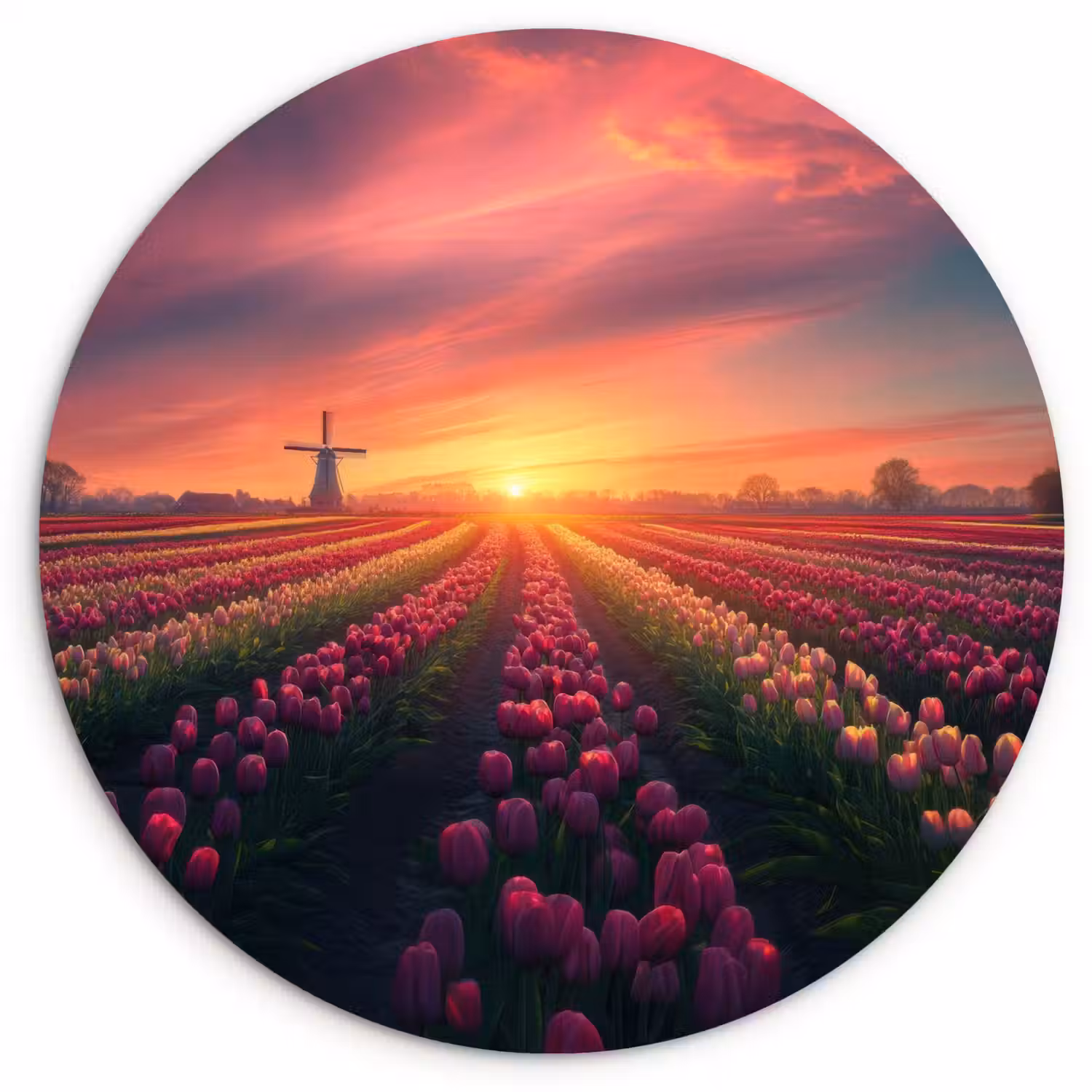 Windmolen - Zonsondergang - Landschap Wandcirkel kunststof plaat 5mm dik klein -3d