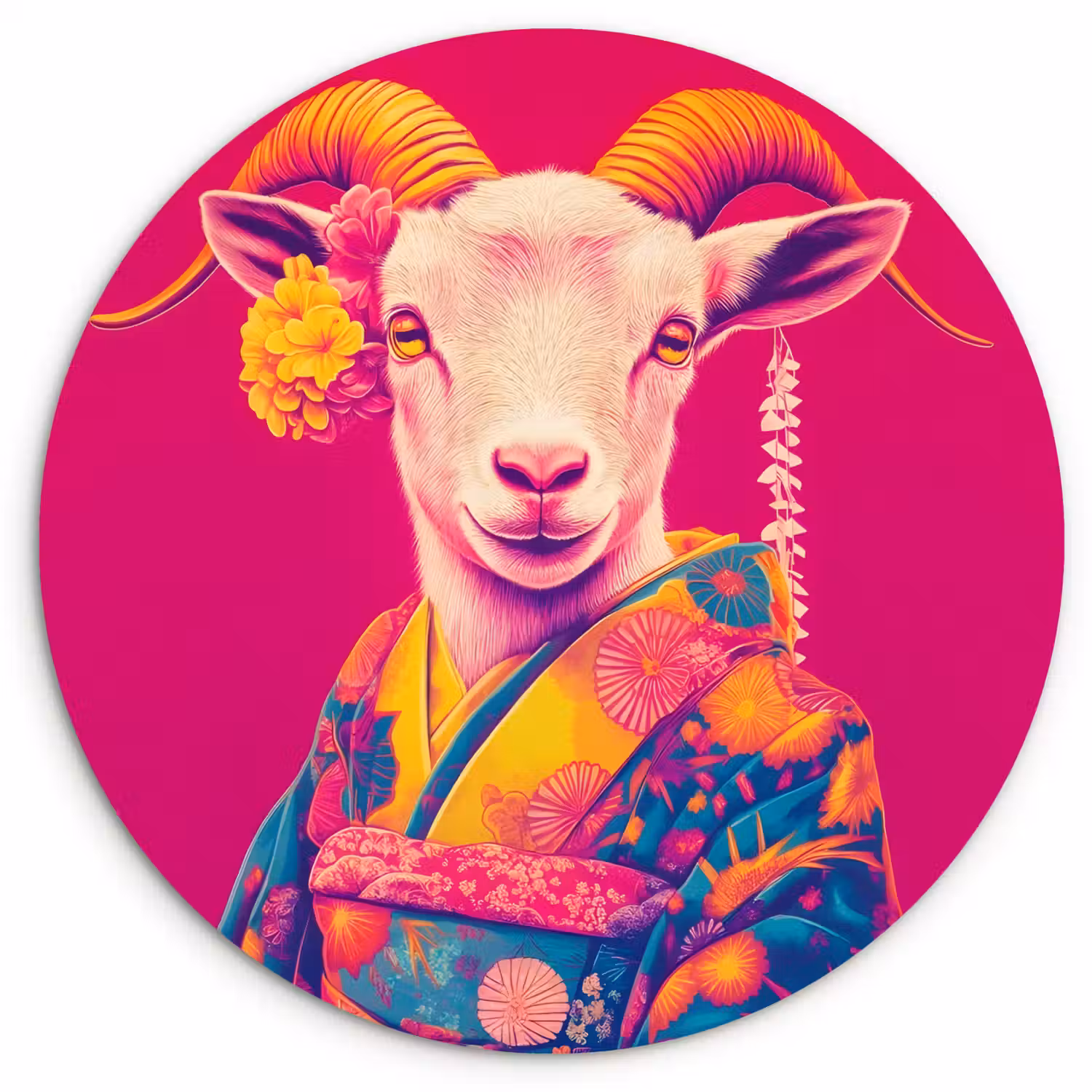 Geit - Hoorns - Kimono - Kleurrijk Wandcirkel kunststof plaat 5mm dik klein -3d