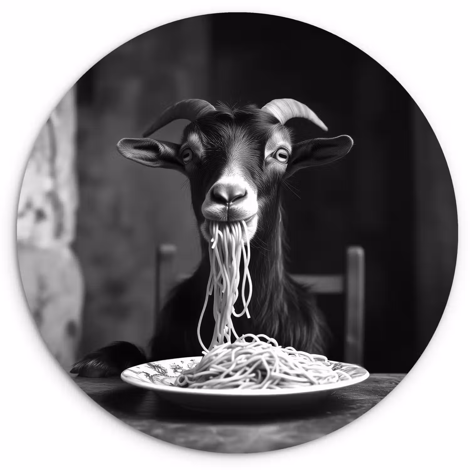 Geit - Bord - Spaghetti - Zwart Wit Wandcirkel kunststof plaat 5mm dik klein -3d