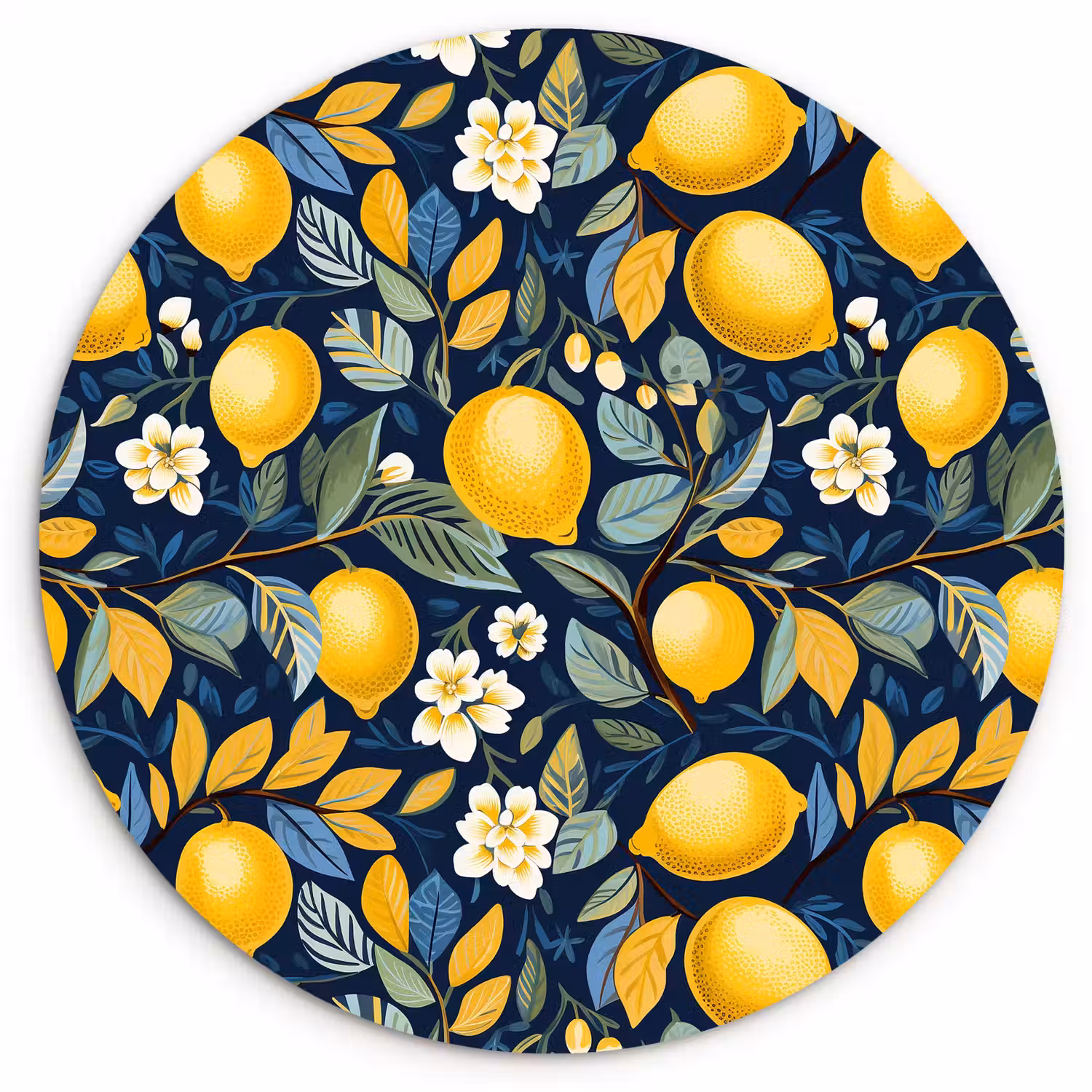 Citroenen - Bloemen - Bladeren - Blauw Wandcirkel kunststof plaat 5mm dik klein 188 -3d