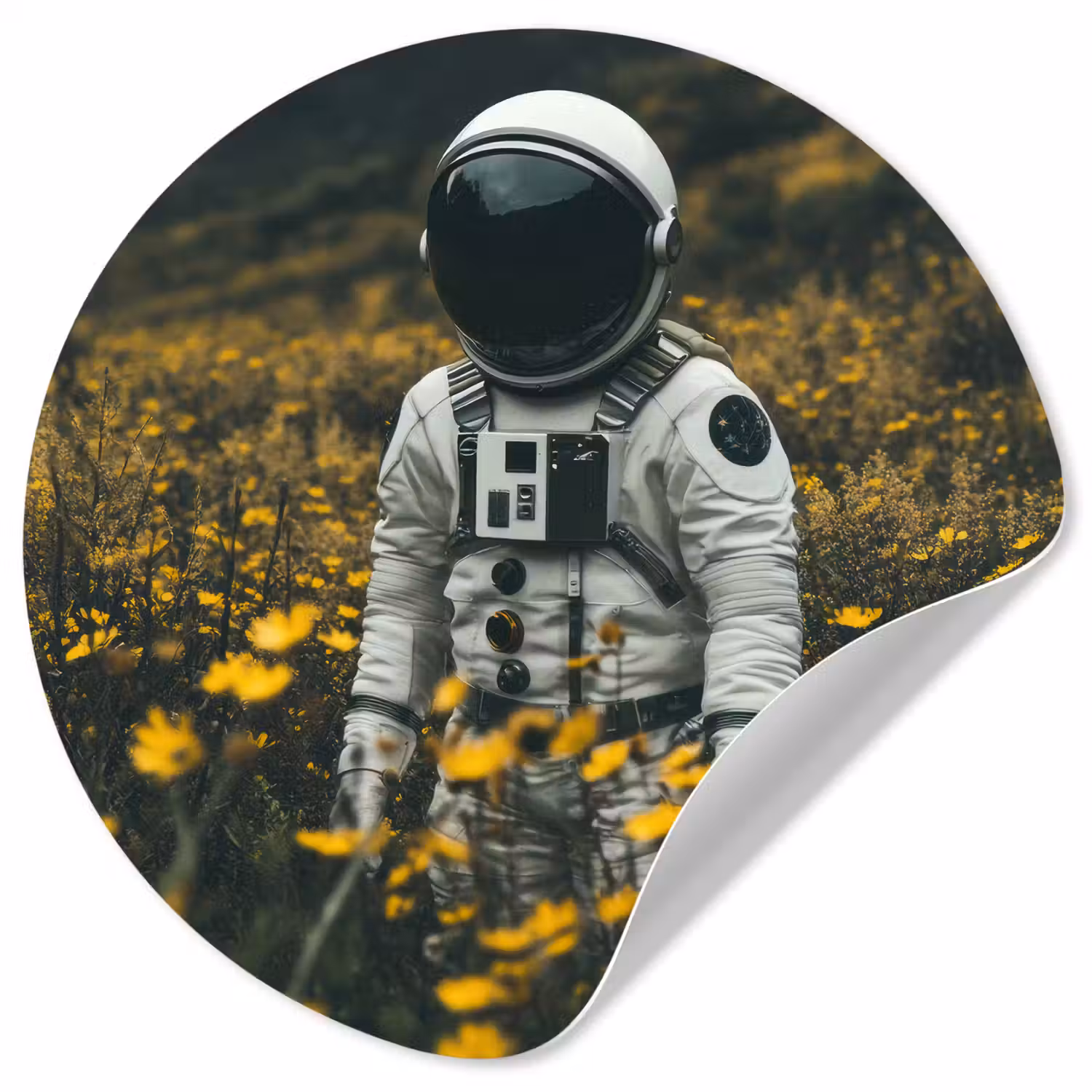 Astronaut - Bloemen - Veld - Geel Wandcirkel behangsticker klein -3d
