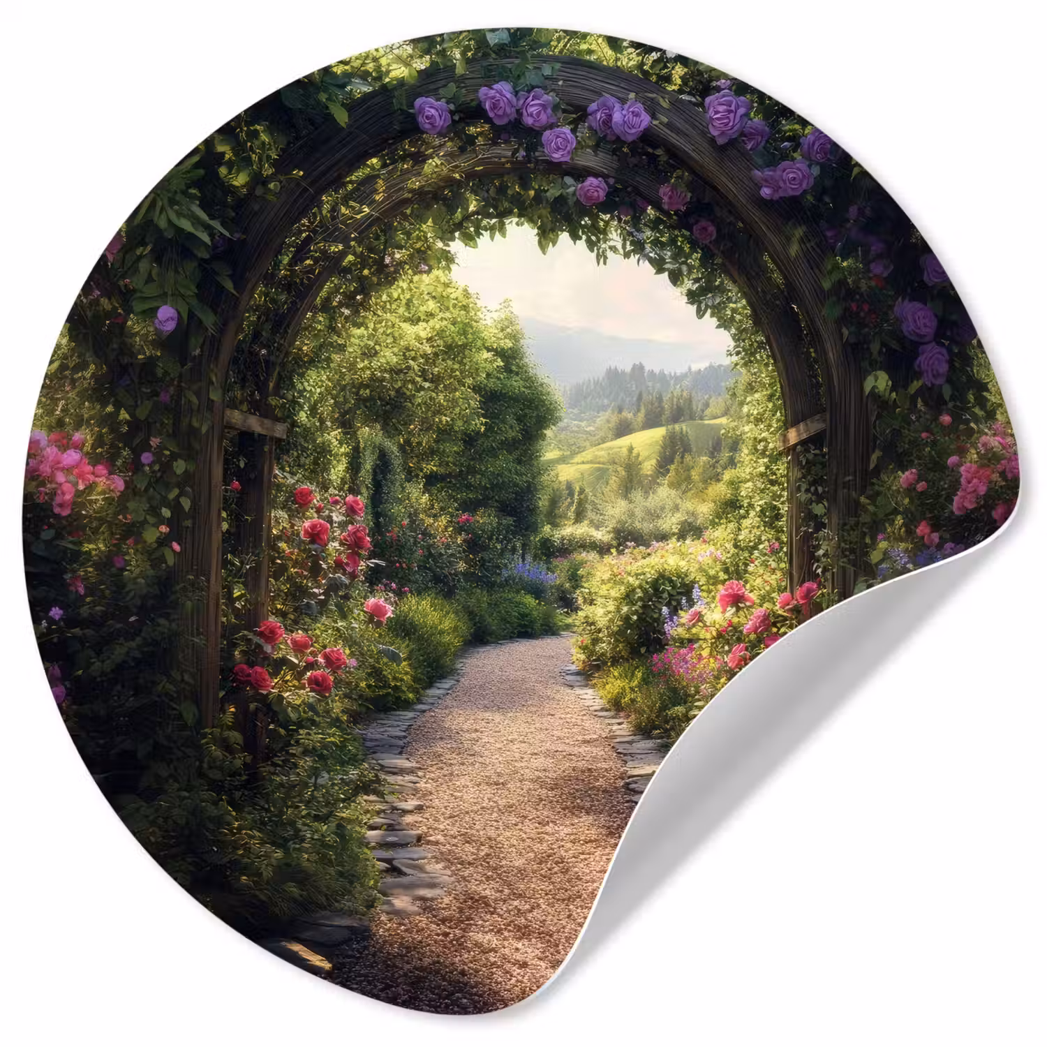 Doorkijk - Landschap - Bloemen - Tuinboog - Natuur Wandcirkel behangsticker klein -3d