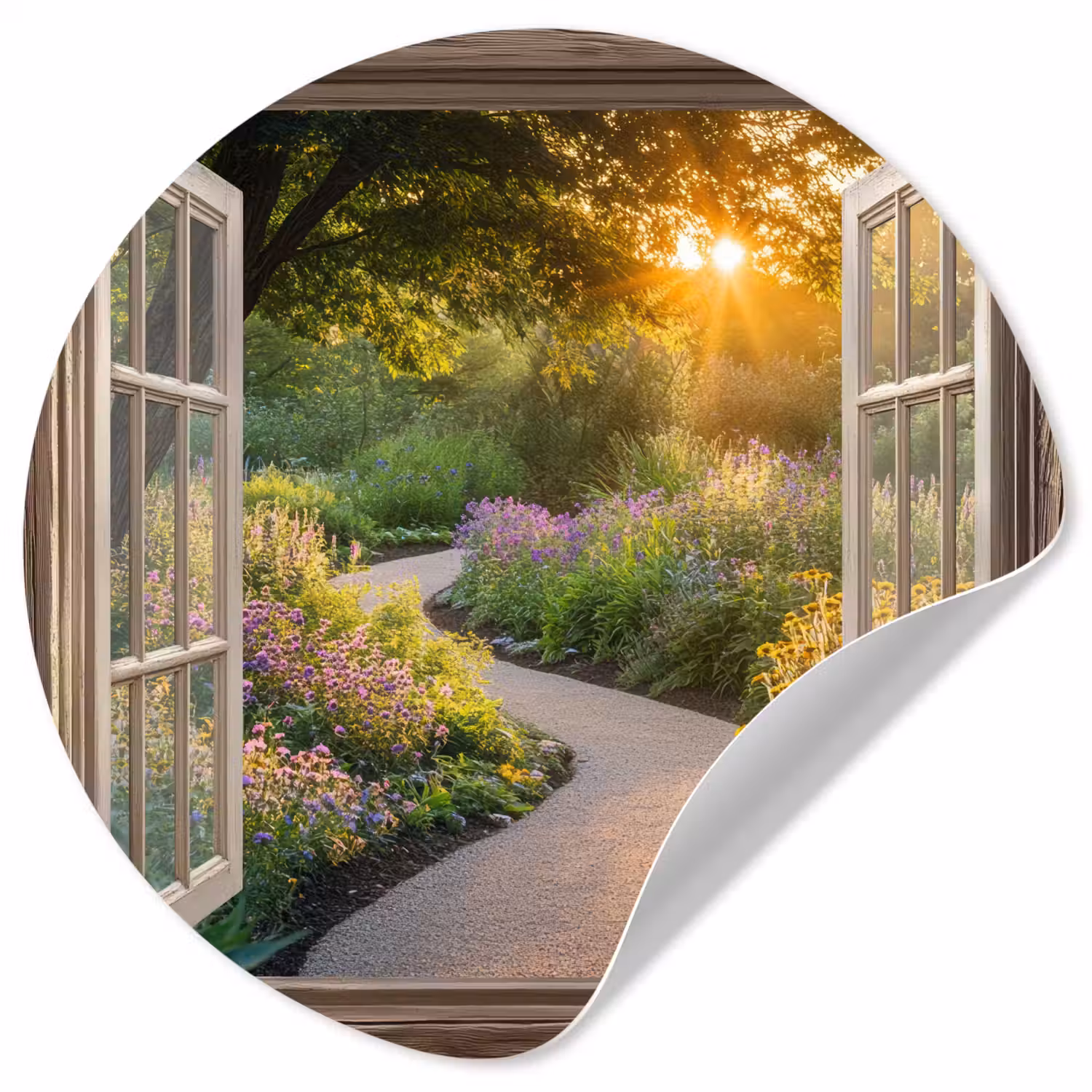 Doorkijk - Bloemen - Natuur - Zon - Pad Wandcirkel behangsticker klein -3d