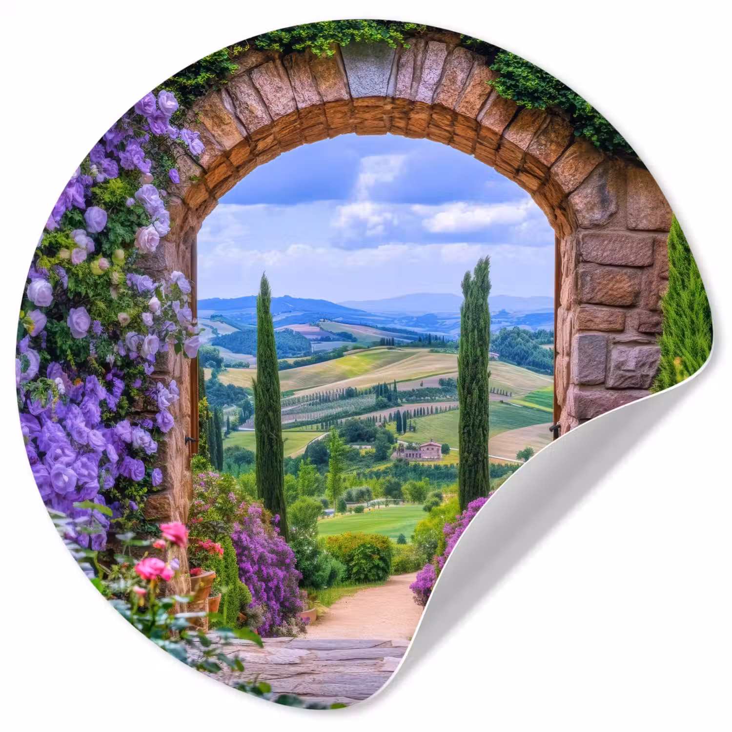 Doorkijk - Toscane - Landschap - Poort Wandcirkel behangsticker klein -3d