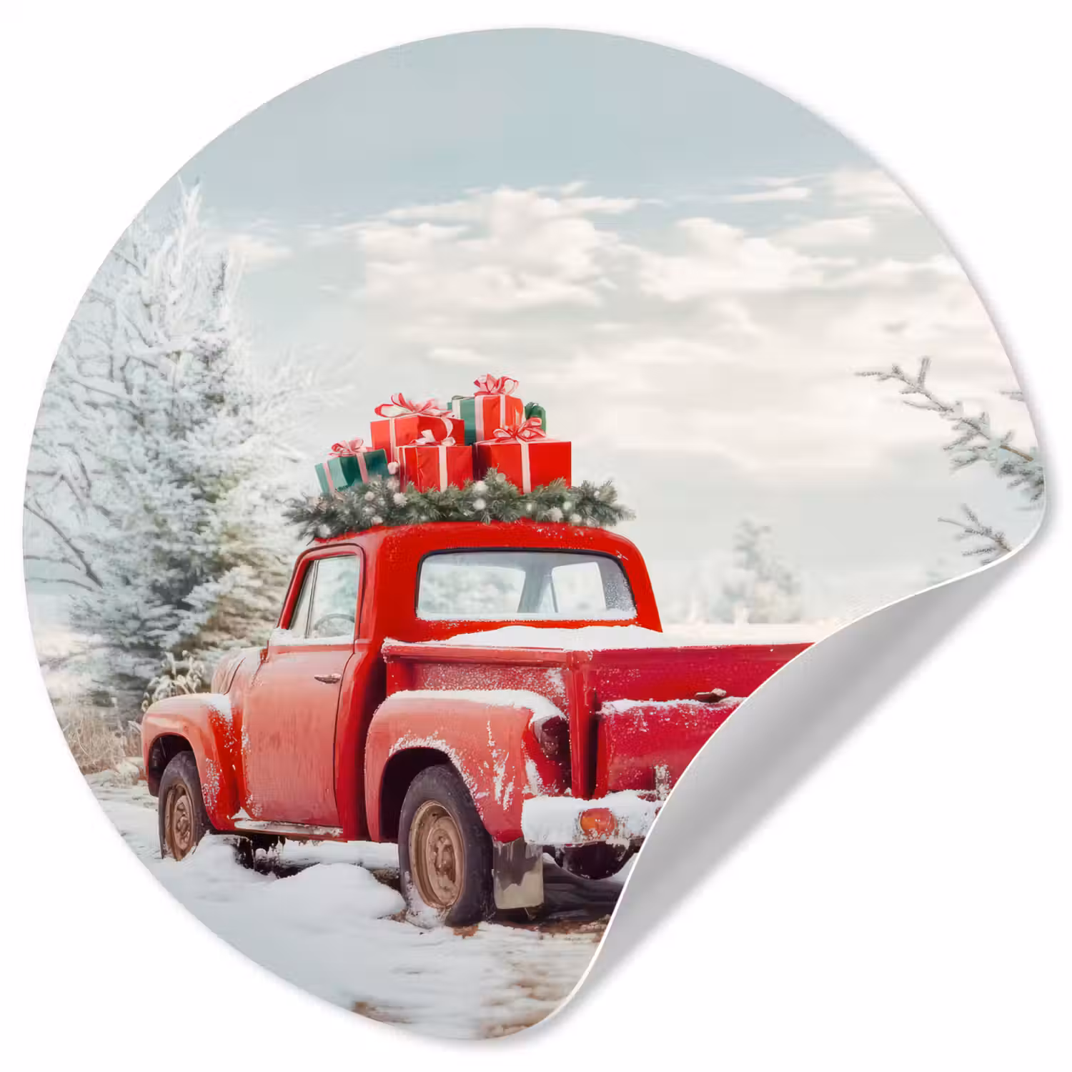 Auto - Rood - Cadeaus - Winter - Sneeuw - Kerst Wandcirkel behangsticker klein -3d