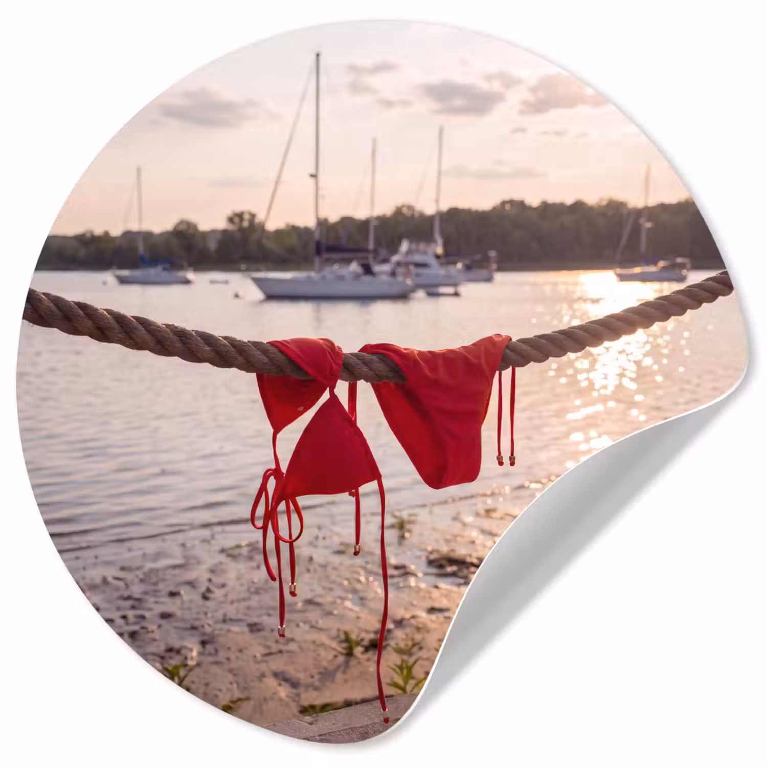 Badkleding - Rood - Zomer - Water - Zonsondergang Wandcirkel behangsticker klein -3d