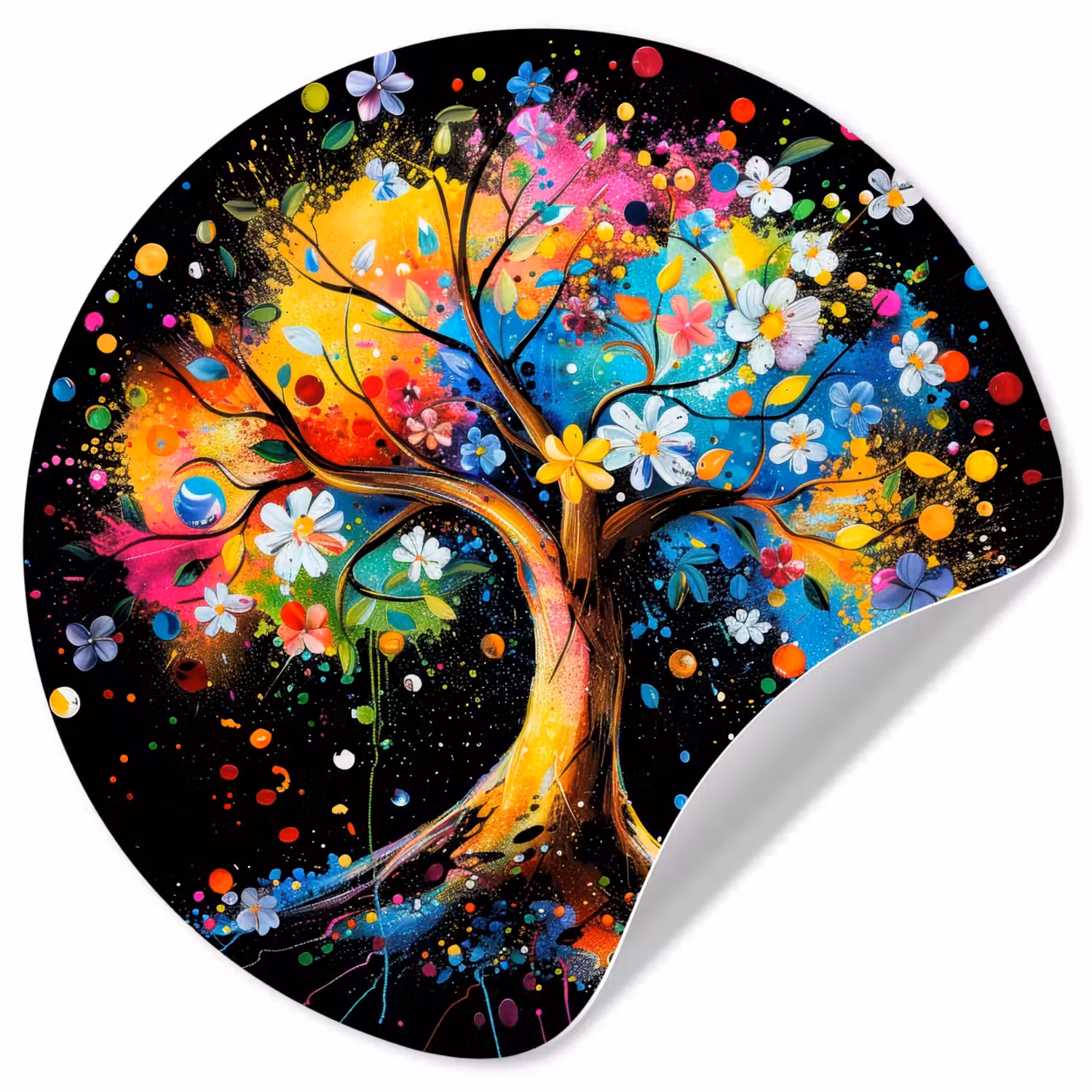 Boom - Kleurrijk - Bloemen - Zwart Wandcirkel behangsticker klein -3d