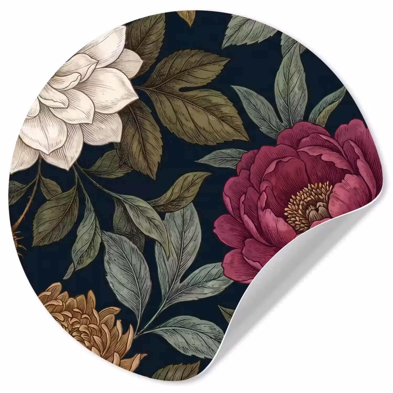 Bloemen - Botanisch - Illustratie - Donker - Vintage Wandcirkel behangsticker klein -3d