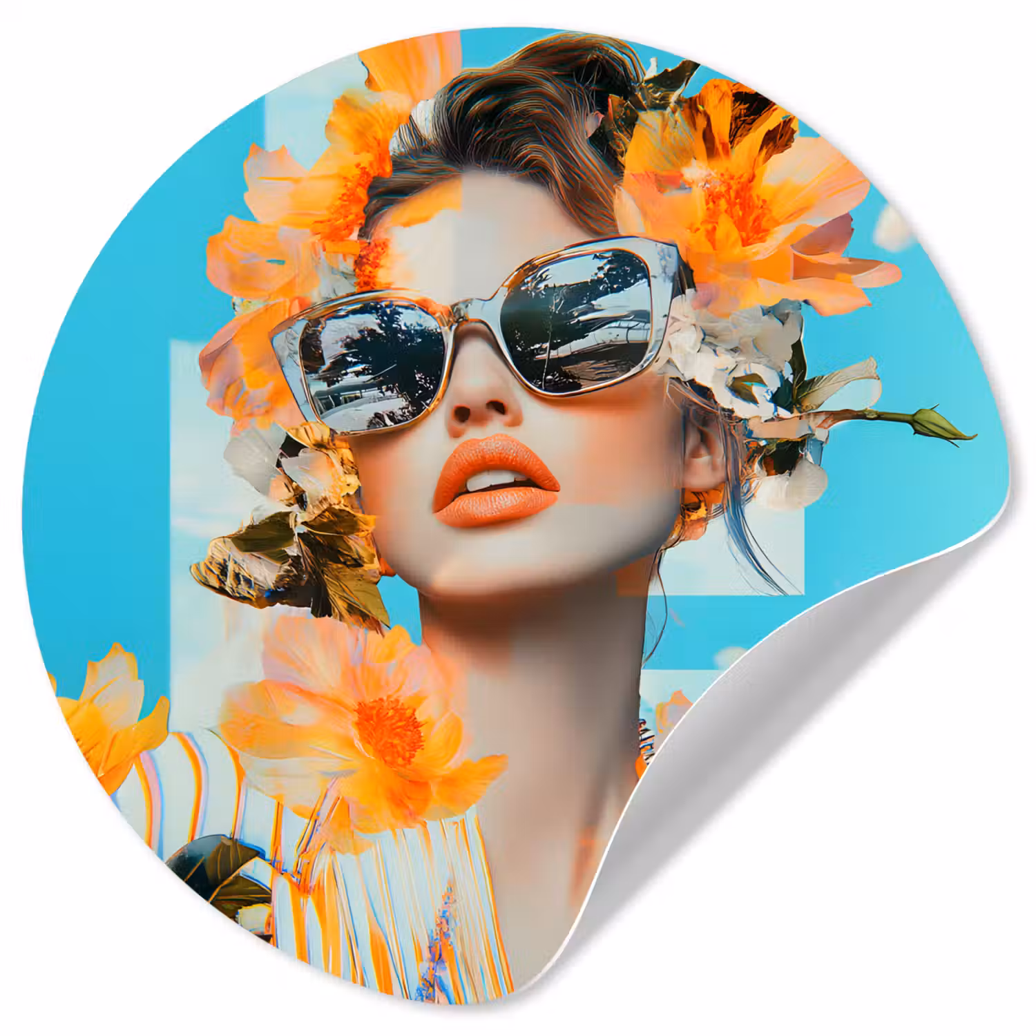 Bloemen - Vrouw - Zonnebril - Blauw Wandcirkel behangsticker klein -3d