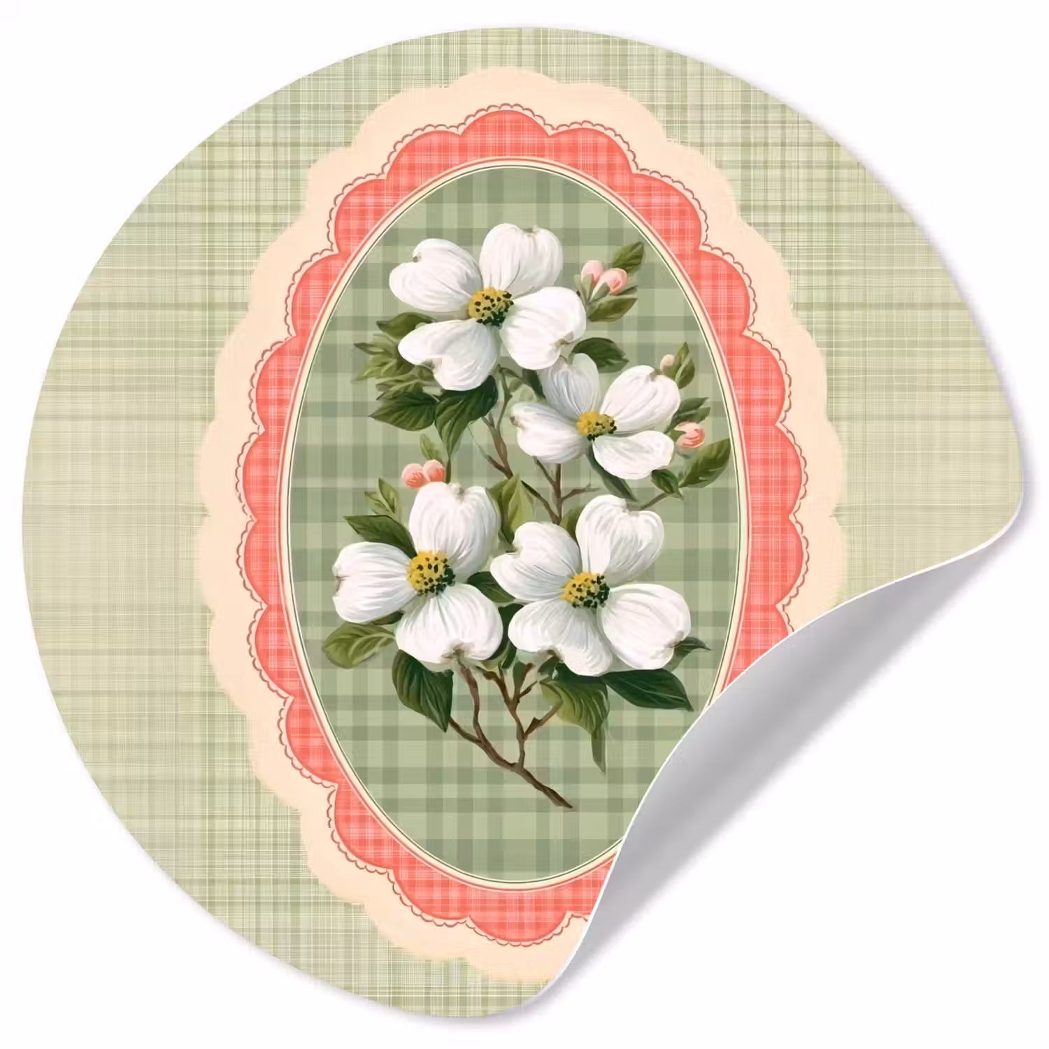 Bloemen - Illustratie - Geruit - Groen Wandcirkel behangsticker klein -3d