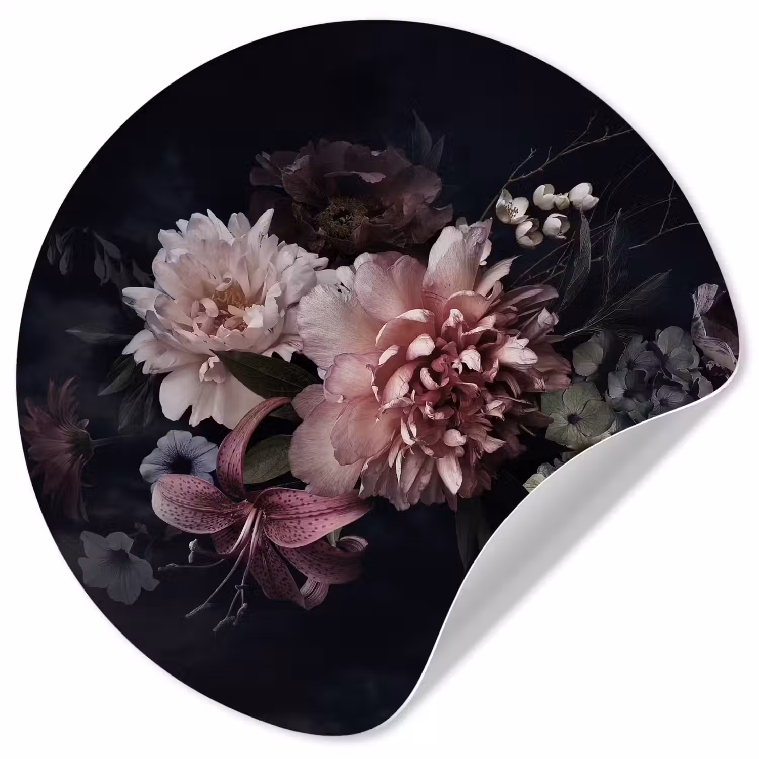 Bloemen - Vintage - Pastel - Zwart - Boeket Wandcirkel behangsticker klein -3d