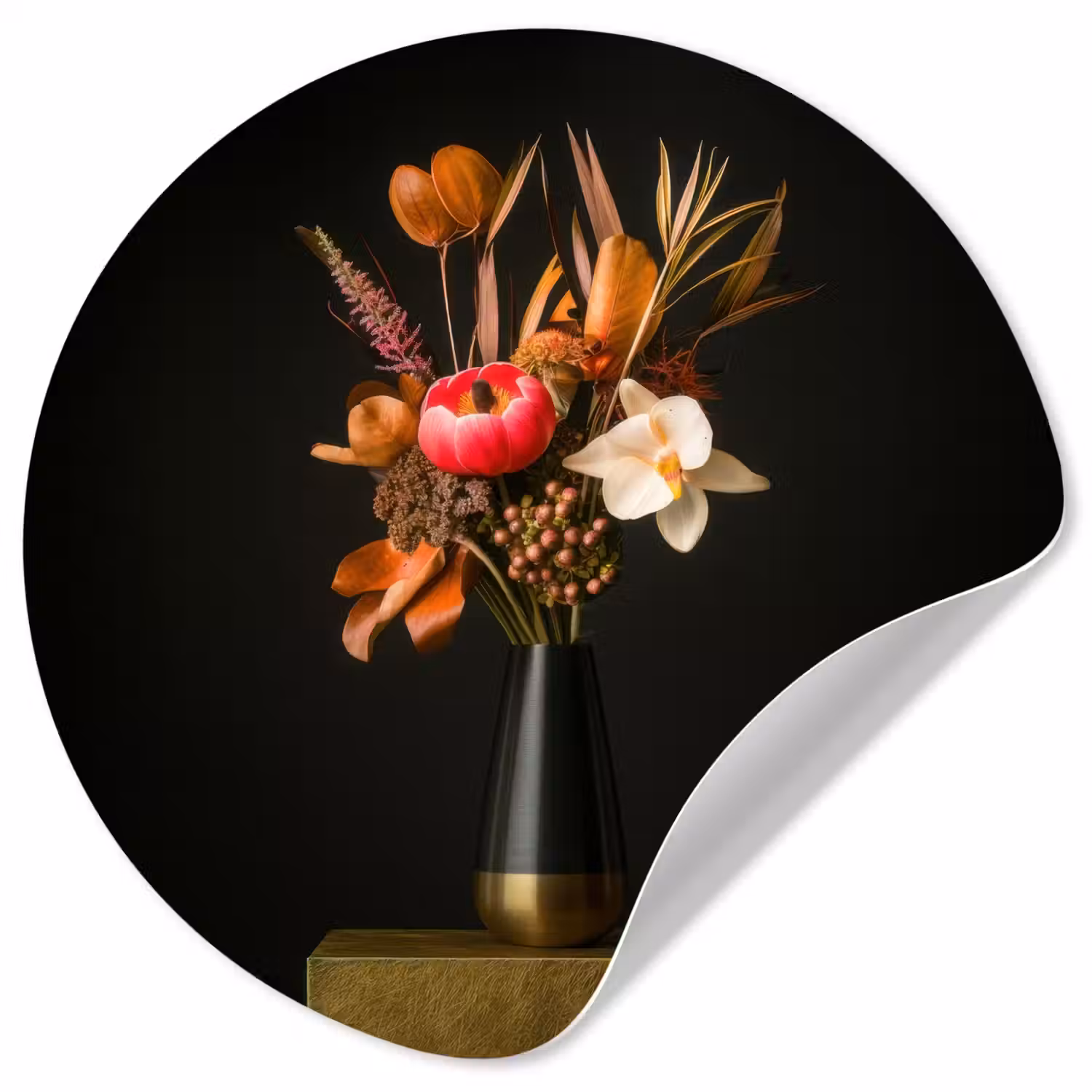 Boeket - Oranje - Gouden - vaas Wandcirkel behangsticker klein -3d
