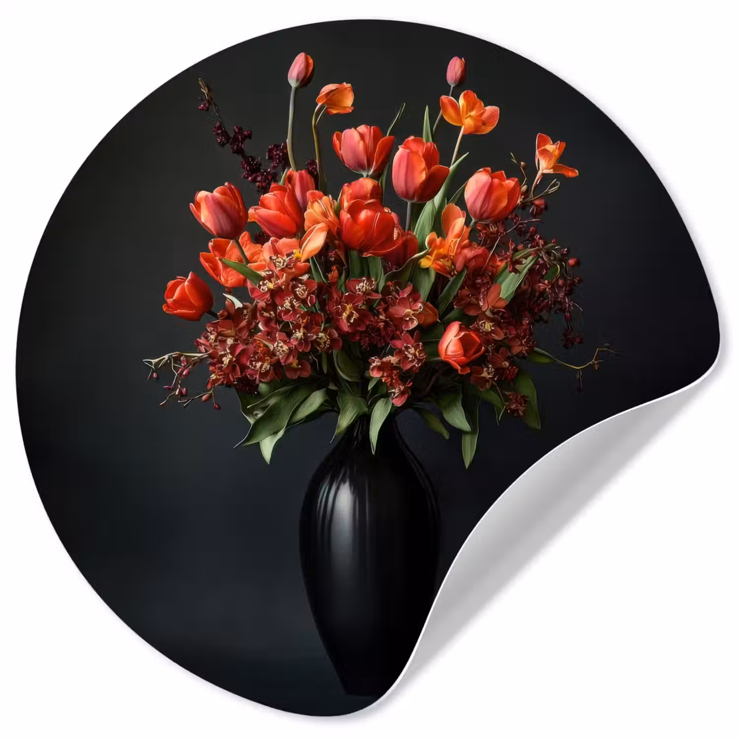 Boeket - Tulpen - Vaas - Rood Wandcirkel behangsticker klein -3d