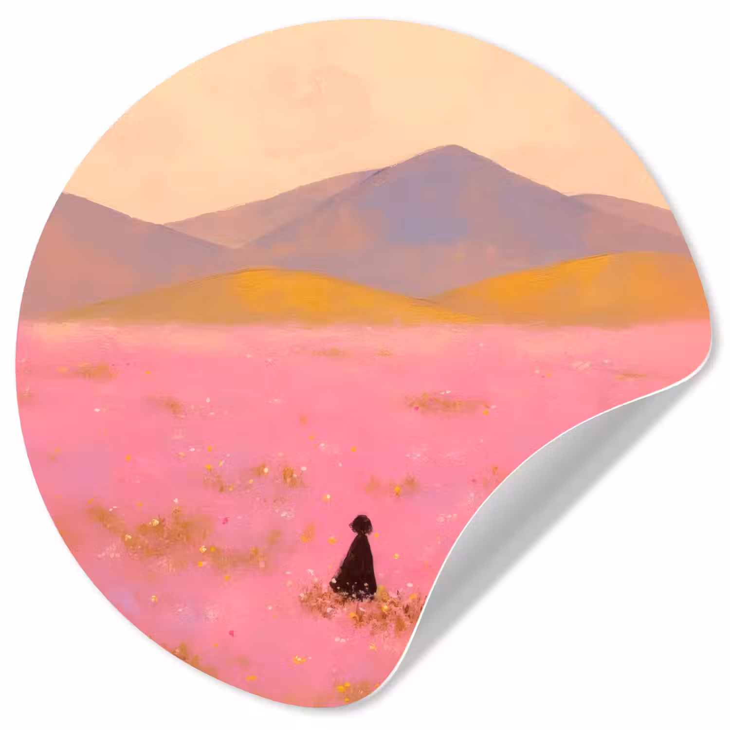 Bloemenweide - Heuvels - Silhouet - Roze Wandcirkel behangsticker klein -3d