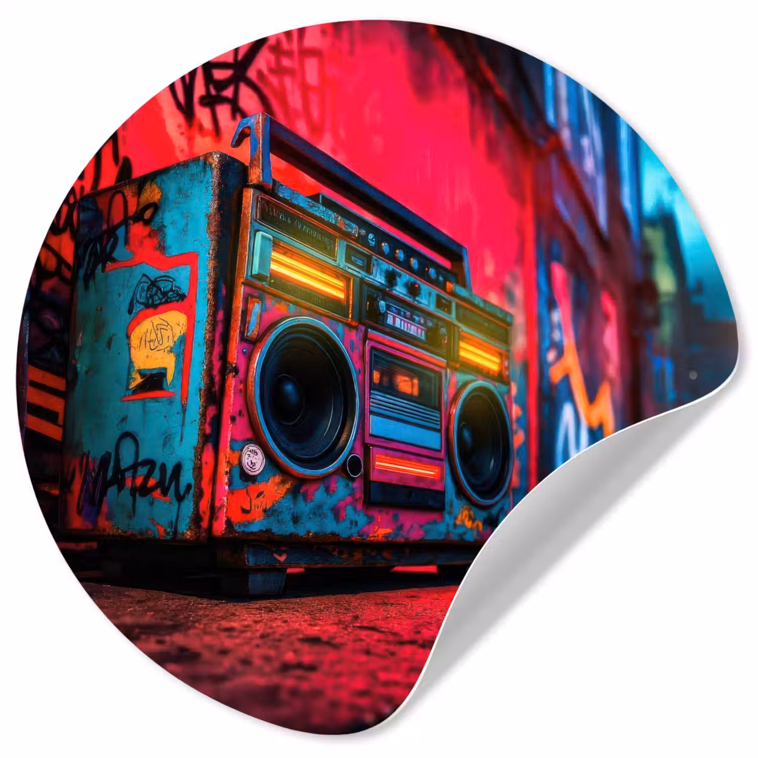 Boombox - Rood - Graffiti - Neon Wandcirkel behangsticker klein -3d