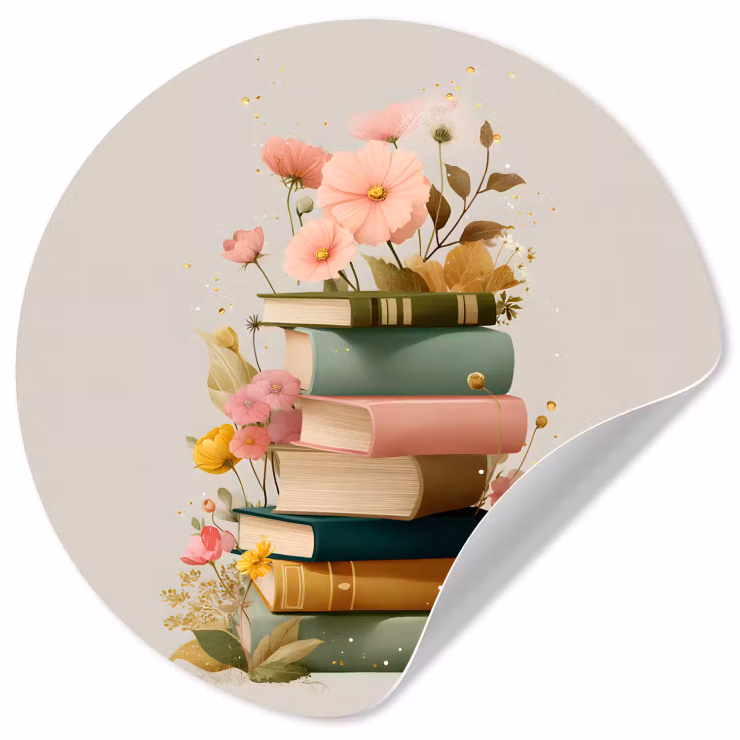 Boeken - Stapel - Bloemen - Kleurrijk Wandcirkel behangsticker klein -3d