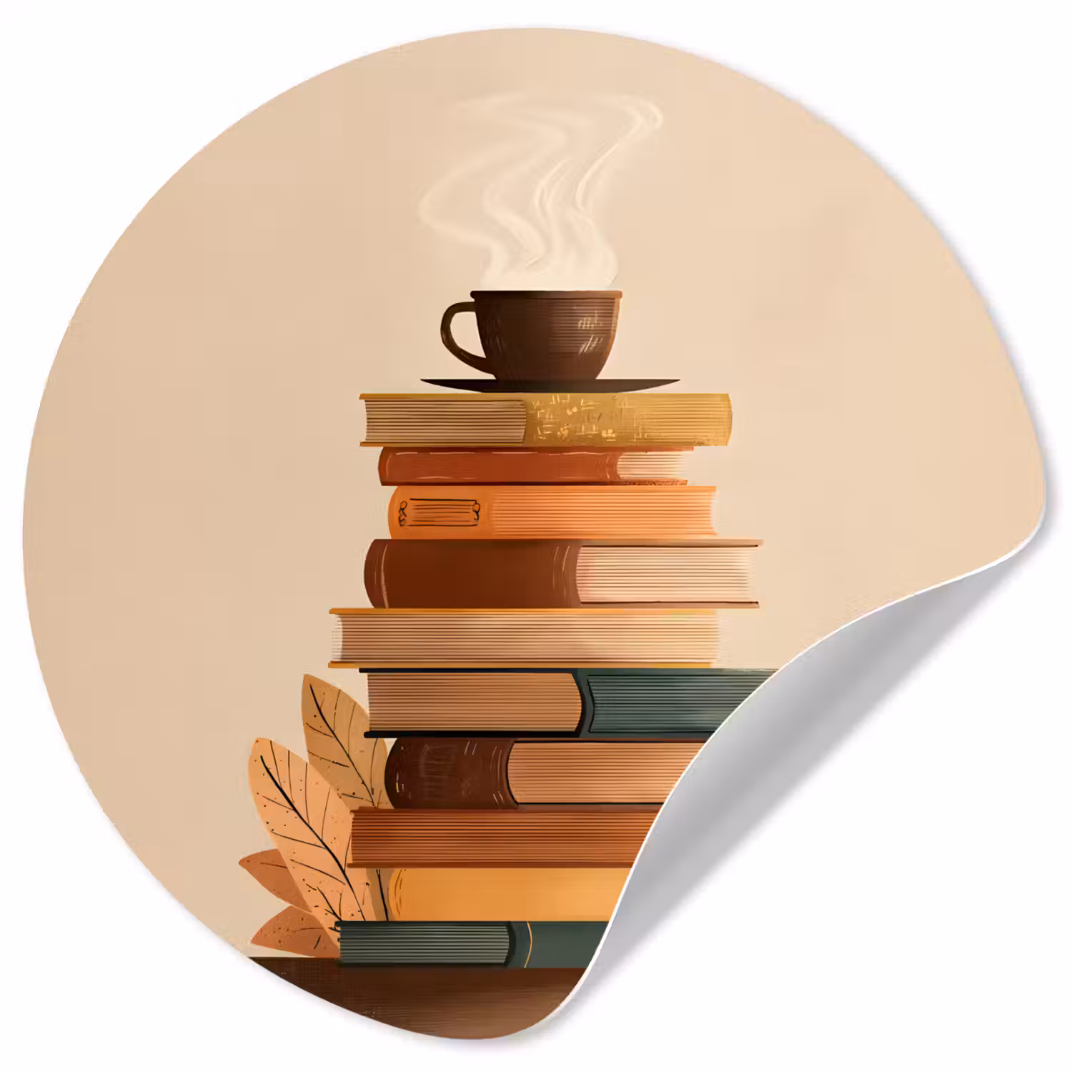 Boeken - Toren - Koffie - Beige Wandcirkel behangsticker klein -3d