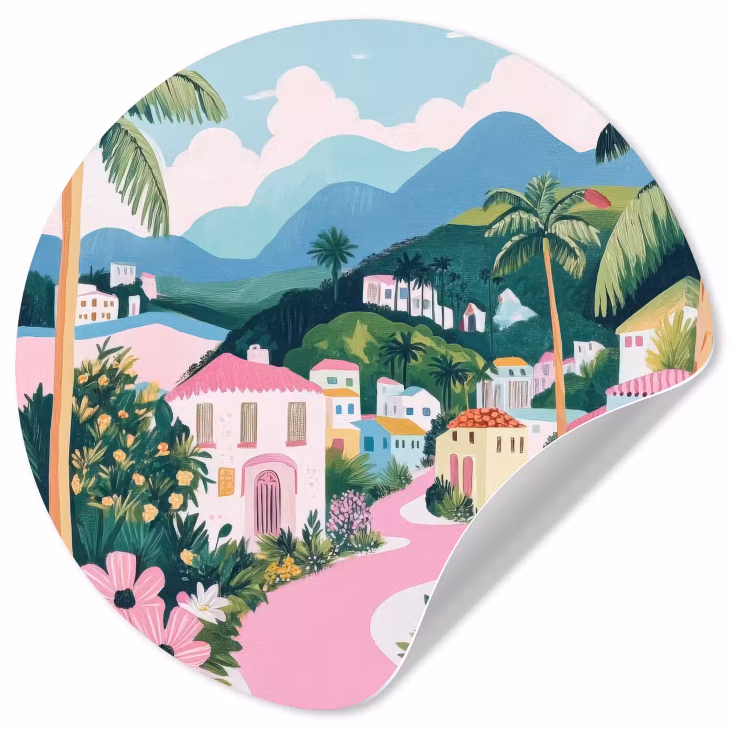 Kleurrijk - Huizen - Heuvels - Roze Wandcirkel behangsticker klein -3d
