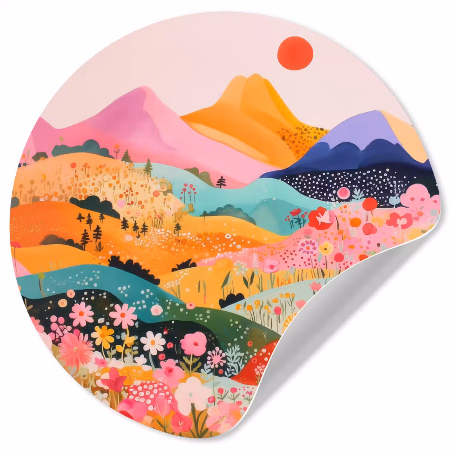 Kleurrijke bloemen - Bergen - Fantasielandschap Wandcirkel behangsticker klein -3d