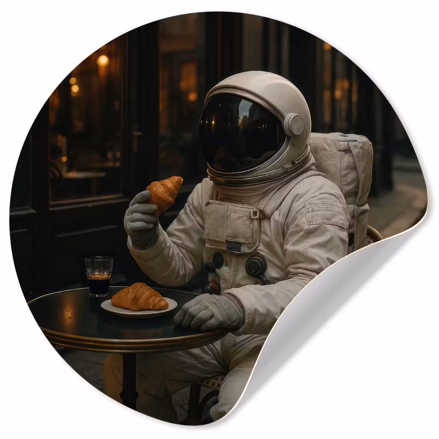 Café - Croissant - Koffie - Astronaut Wandcirkel behangsticker klein -3d