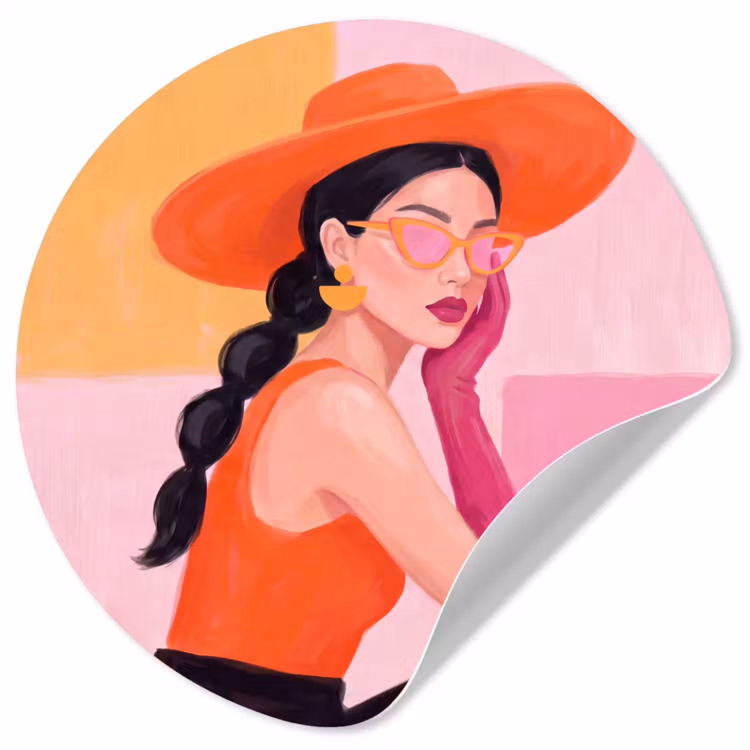 Vrouw - Hoed - Mode - Modern - Oranje Wandcirkel behangsticker klein -3d