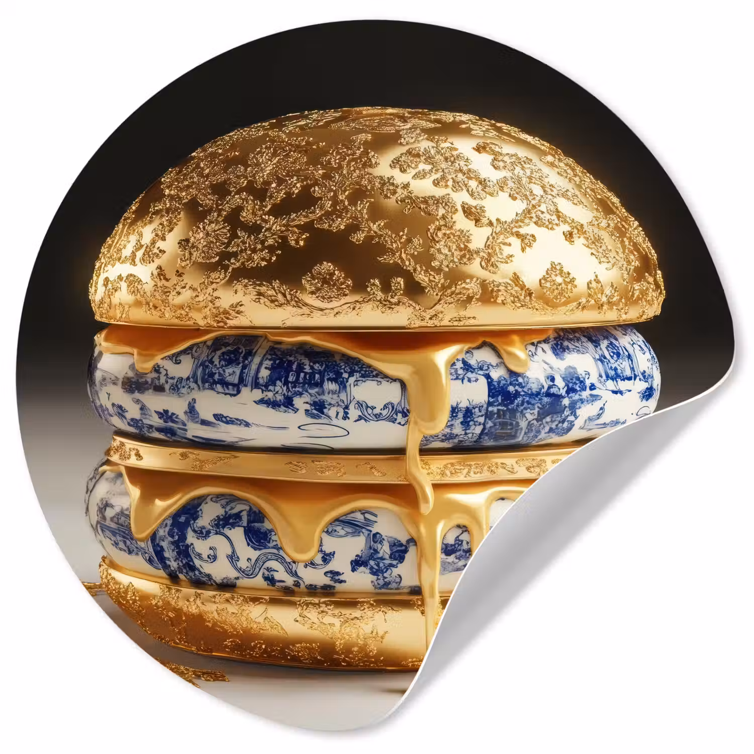 Delftsblauw - Goud - Burger Wandcirkel behangsticker klein -3d