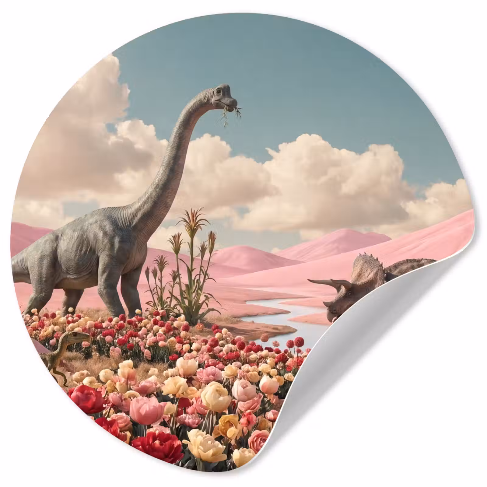Runde Tapete - Dinosaurier – Rosa – Landschaft - Dinosaurus - Roze - Landschap Wandcirkel behangsticker klein
