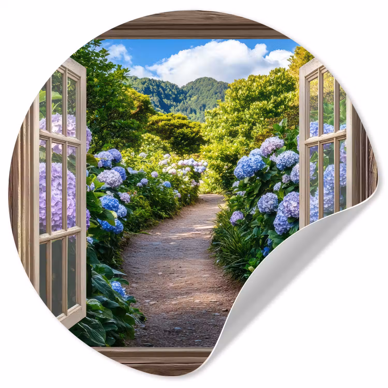 Doorkijk - Hortensia - Pad - Natuur Wandcirkel behangsticker klein -3d