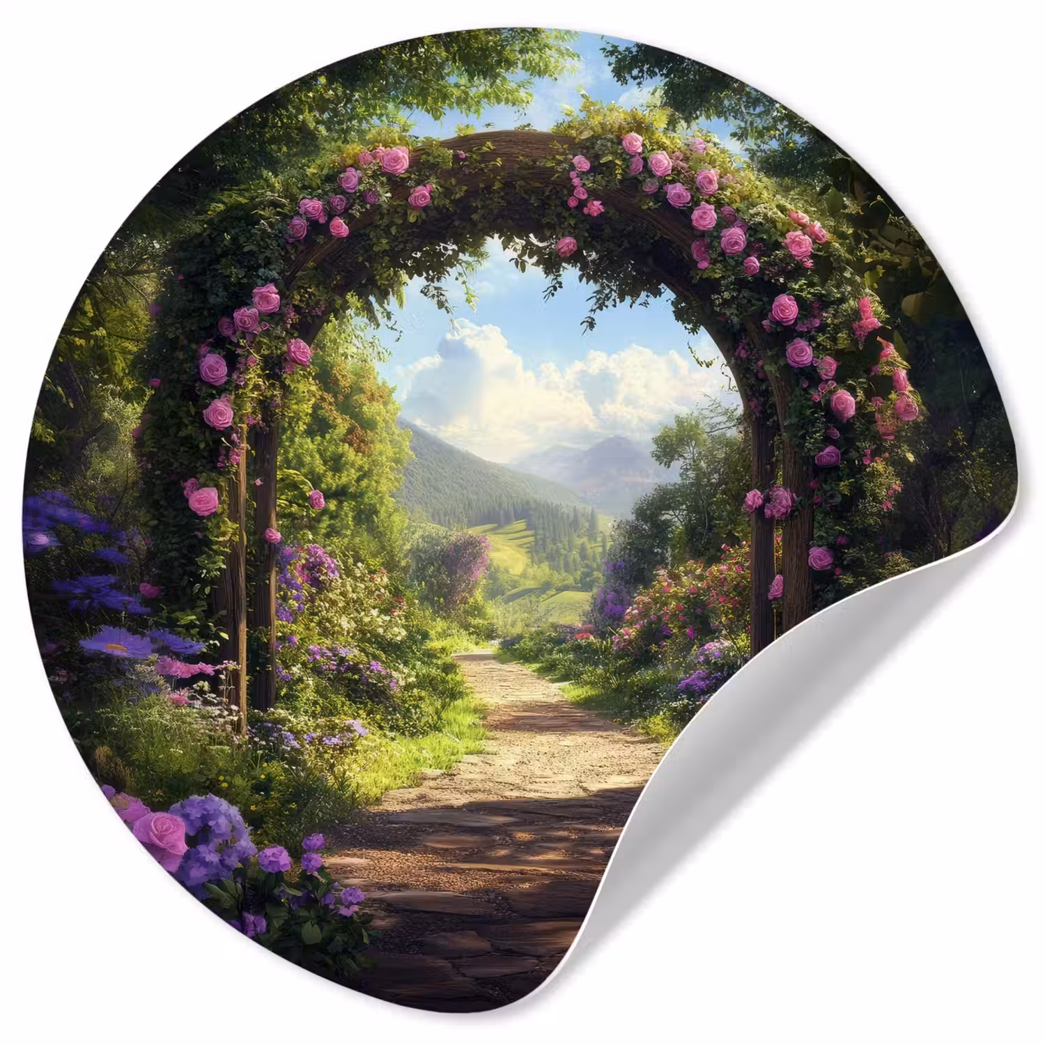 Doorkijk - Rozenboog - Uitzicht - Landschap - Bloemen Wandcirkel behangsticker klein -3d